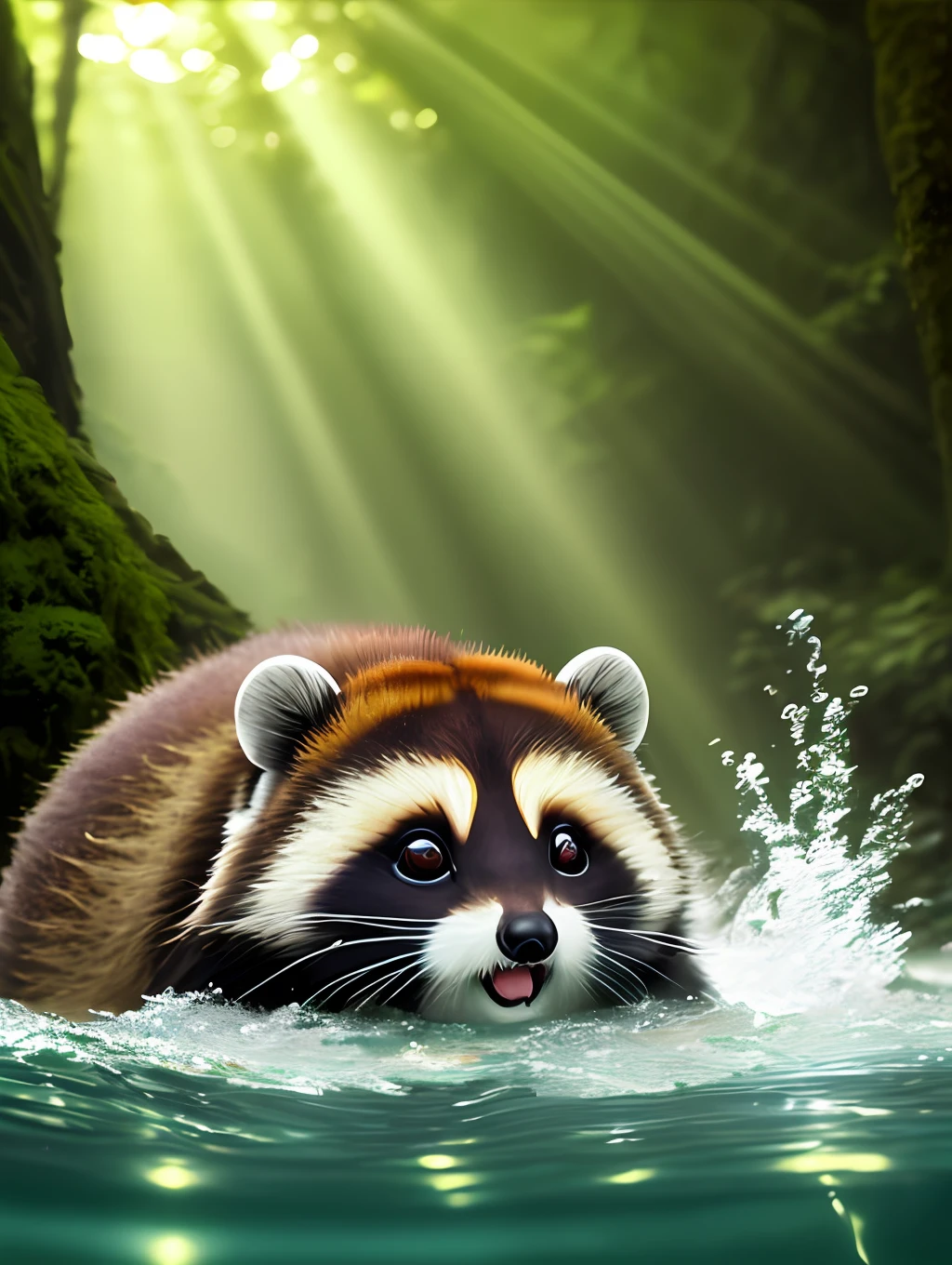 Tanuki Swimming, Deep Forest, Sunlight (High Detail), (Realistic), (Maximum Definition), Close Up, Macro, Macro