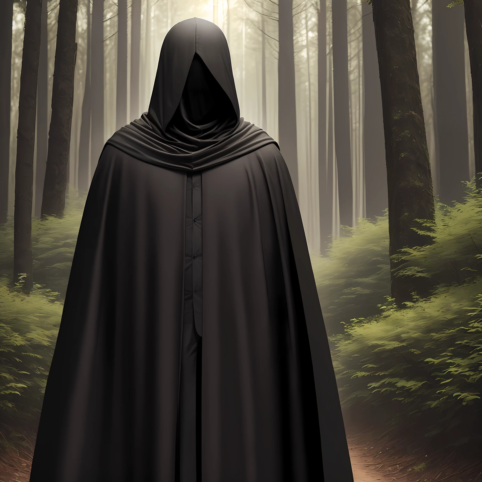 Man in black cape without showing his face in the middle of the forest