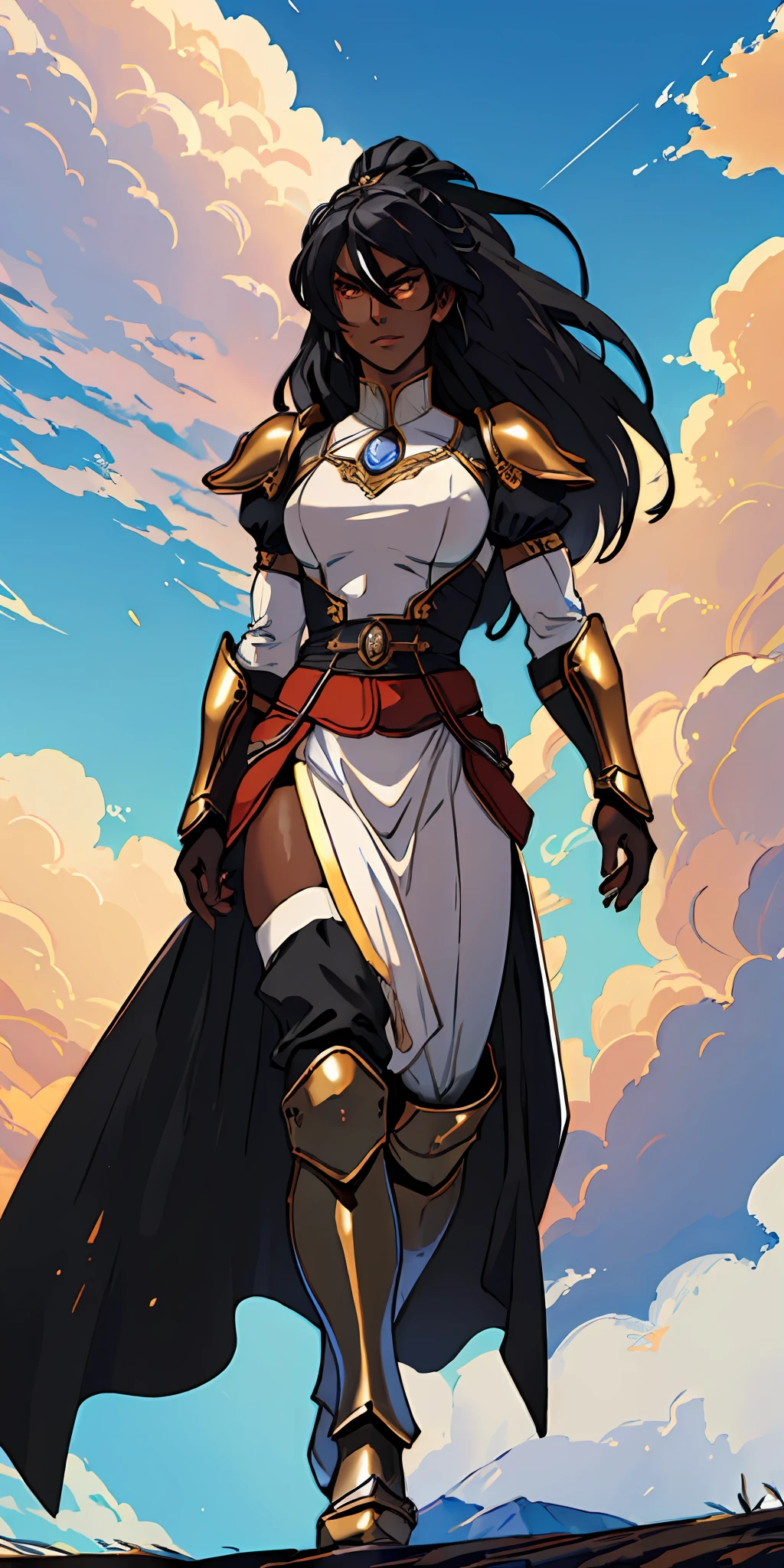 (((black skinned female warrior))), long white hair, golden eyes, dynamic pose, wearing Victorian era armor, ((background: a sky full of clouds))