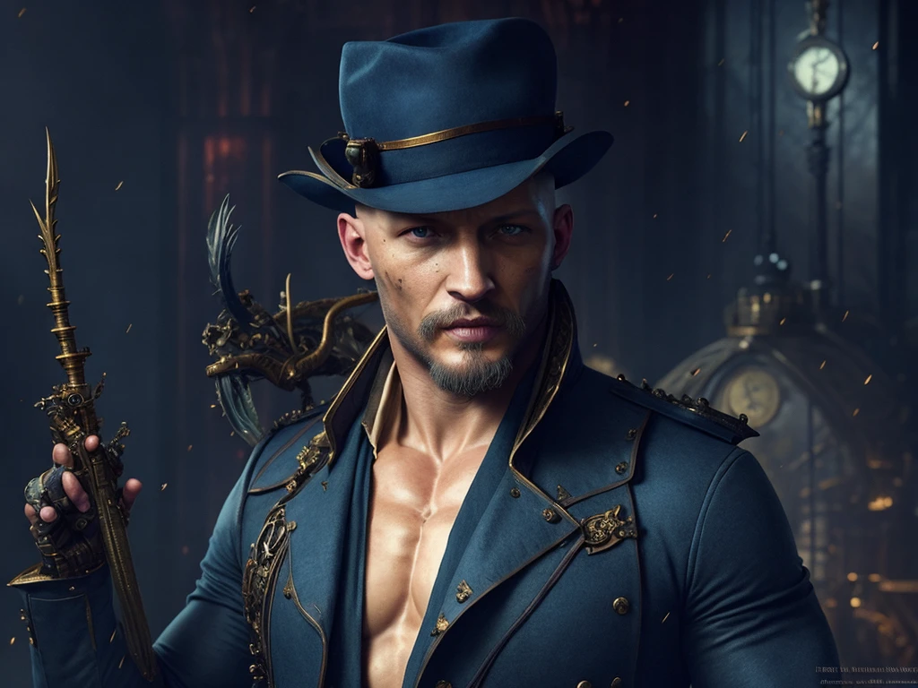 A muscular well built wealthy man from a steampunk city. He looks like Tom Hardy. Steampunk aesthetics in the background. Approaching perfection, pure form, golden ratio, detailed, minimalistic, concept art, by Brian Froud and Carne Griffiths and Wadim Kashin and John William Waterhouse, intricate details, 8k post production, high resolution, hyperdetailed, trending on artstation, sharp focus, studio photo, intricate details, highly detailed, by greg rutkowski