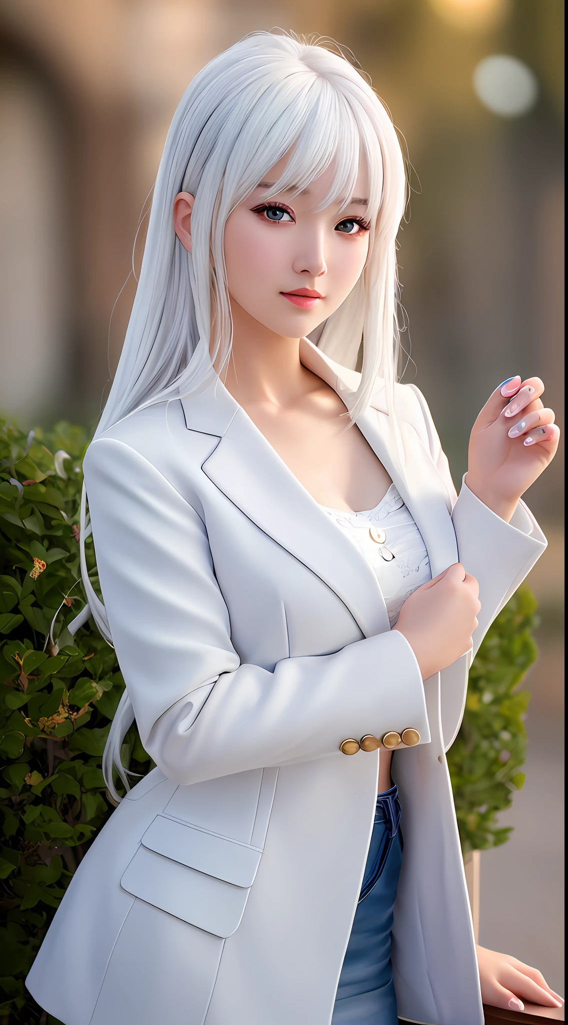 best quality, masterpiece, 1girl, Beautiful face, (white hair), (photo realistic:1.3), rim lighting, (high detailed skin:1.2), 8k uhd, dslr, high quality, high resolution, 4k, 8k, Bokeh,  absurdres, best ratio four finger and one thumb, (realistic:1.3), ulzzang, cute kawaii 1girl, wearing blazer,