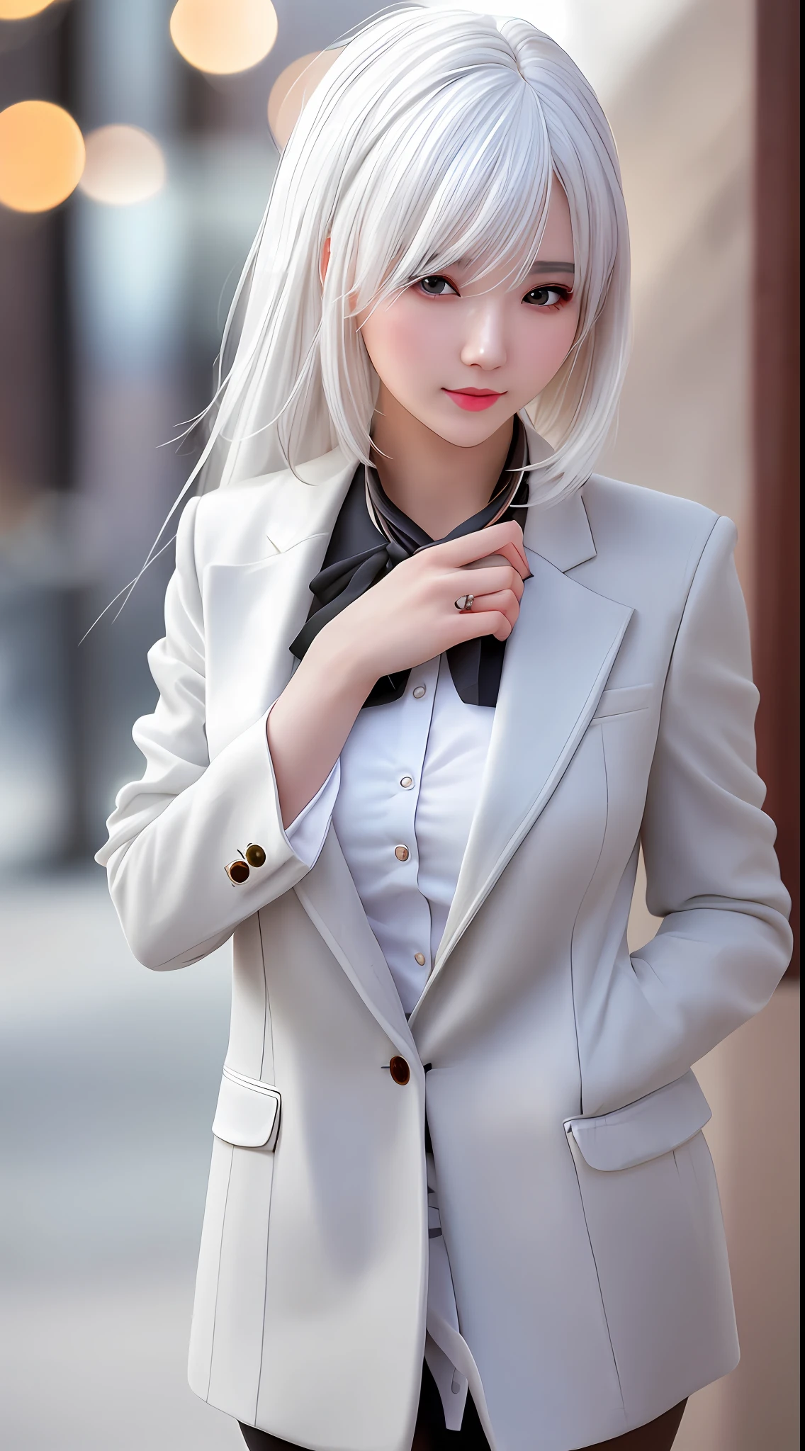 best quality, masterpiece, 1girl, Beautiful face, (white hair), (photo realistic:1.3), rim lighting, (high detailed skin:1.2), 8k uhd, dslr, high quality, high resolution, 4k, 8k, Bokeh,  absurdres, best ratio four finger and one thumb, (realistic:1.3), ulzzang, cute kawaii 1girl, wearing blazer,