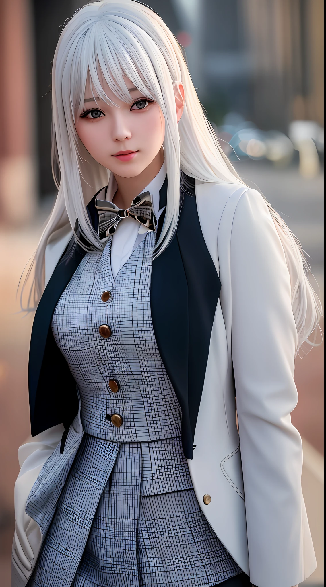 best quality, masterpiece, 1girl, Beautiful face, (white hair), (photo realistic:1.3), rim lighting, (high detailed skin:1.2), 8k uhd, dslr, high quality, high resolution, 4k, 8k, Bokeh,  absurdres, best ratio four finger and one thumb, (realistic:1.3), ulzzang, cute kawaii 1girl, wearing blazer,