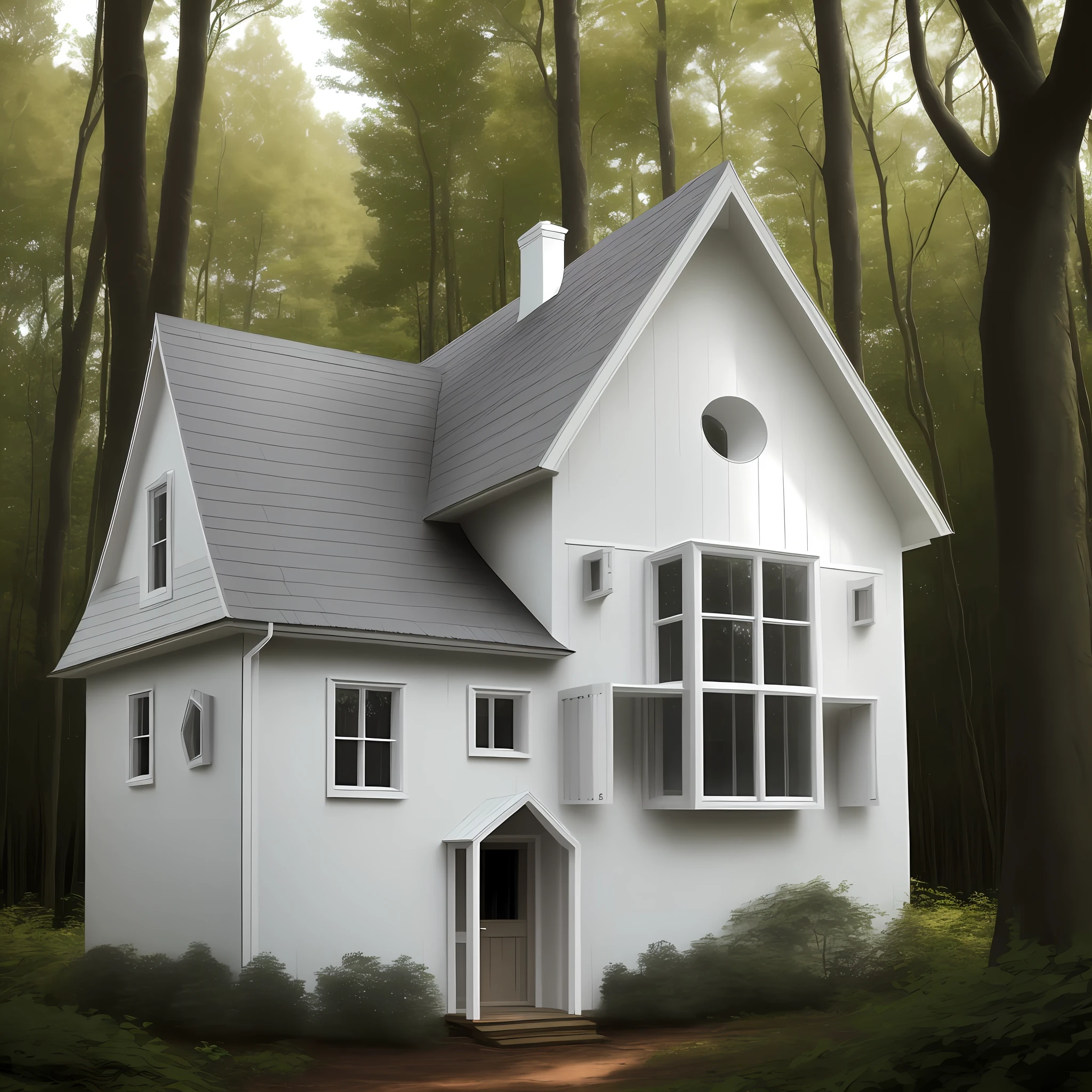 Pale white old man turning into a house in the woods