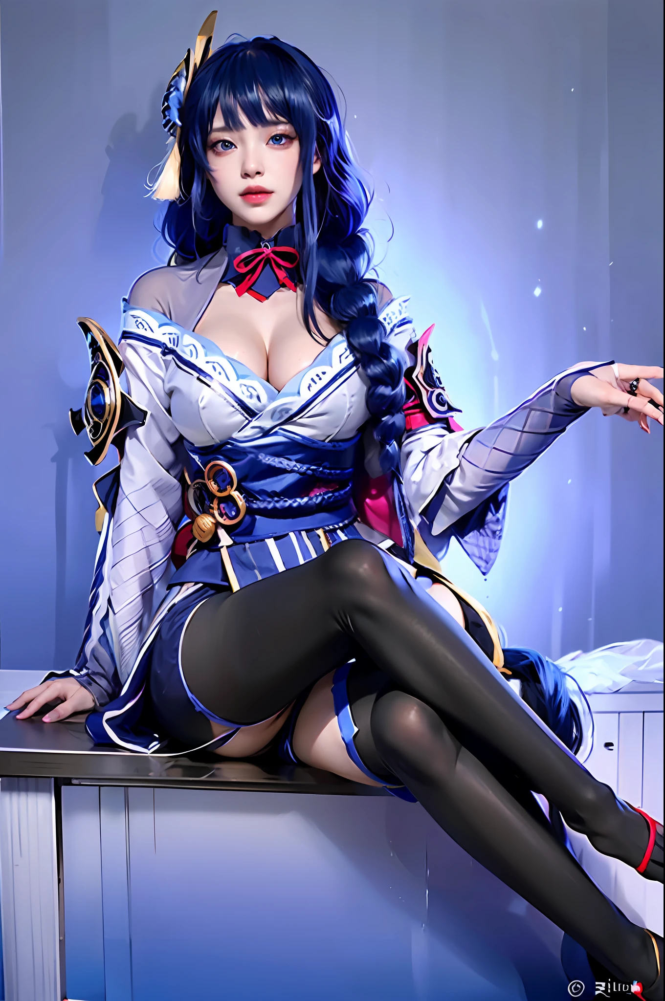 nenenini, (pureerosface_v1:0.66),best quality, ultra high res, (photorealistic:1.4), 1girl,nice detailed eyes, heavy eye makeup, slim waist, blush, Kpop idol,(aegyo sal:1.0), detailed eye makeup, puffy eyes, solo, perfect anatomy, (busty), (cleavage),(slender),(black hair:1), (looking at viewer),sitting, crossed legs, chair,(original_alice),(light blue tie),(marine blue eyes),(zhuo),(alice_halo:0.7),(blue halo),(smile),(happy),(pigtails),(long hair), (long bangs),(Blue Archive),(Black hair bands),(long coat),(school uniform),(white long-sleeved shirt),(pleated skirt),(navy blue skirt),(barefoot),nsfw,depth of field,detail face, shiny skin, nice detailed eyes, heavy eye makeup, slim waist, blush, detailed eye makeup, solo, perfect anatomy,