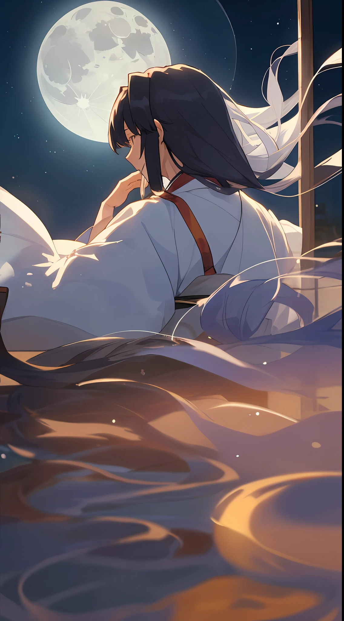 At night, the moonlight shines on the window, Hanfu, long-haired man, raises his head, reveals his back, lies on the window to look at the big moon in the sky, bows his head and ponders,