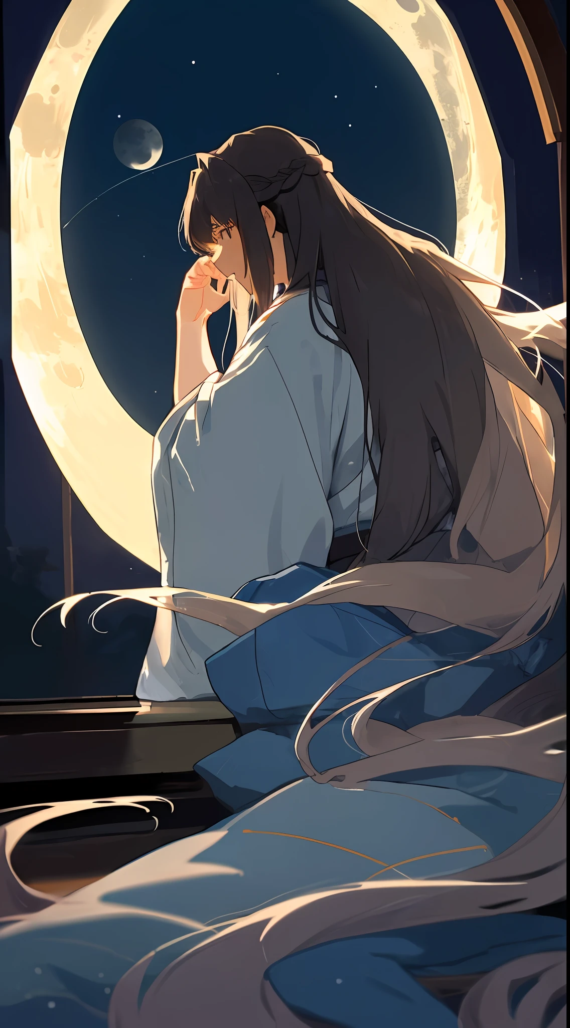 At night, the moonlight shines on the window, Hanfu, long-haired man, raises his head, reveals his back, lies on the window to look at the big moon in the sky, bows his head and ponders,