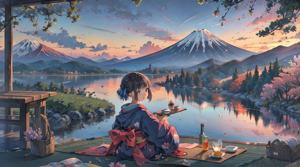 best quality, masterpiece, extremely detailed, detailed background, anime, 1girl, young girl, short girl, hands down, kimono, retro, mount fuji lansdscape, outdoors, sunset, beautiful sky, lake picnic, landscape, scenery, horizon, mountain sitting near mountain, wind, flower petal, looking away, atmospheric lighting, solo focus, close up, from side, depth of field, bokeh