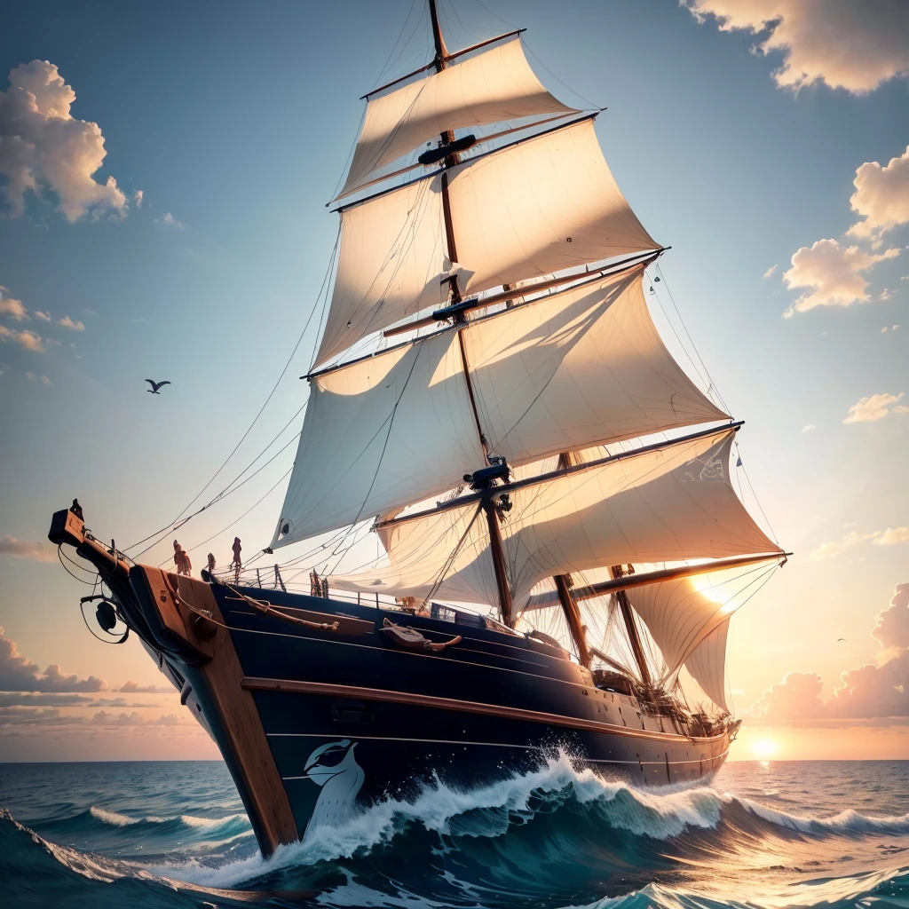 (((8k, RAW photo, Best Quality, Masterpiece: 1.4))), Ultra High Resolution, Ultra Detailed, Illustration, Close Up, Environment Only, (wooden sailing ship), dawn sky behind it, glistening with dew, waves crash, birds soar above, dolphins swim alongside, imagination, outdoors, particle effects, sea serpent rises out of ocean in background