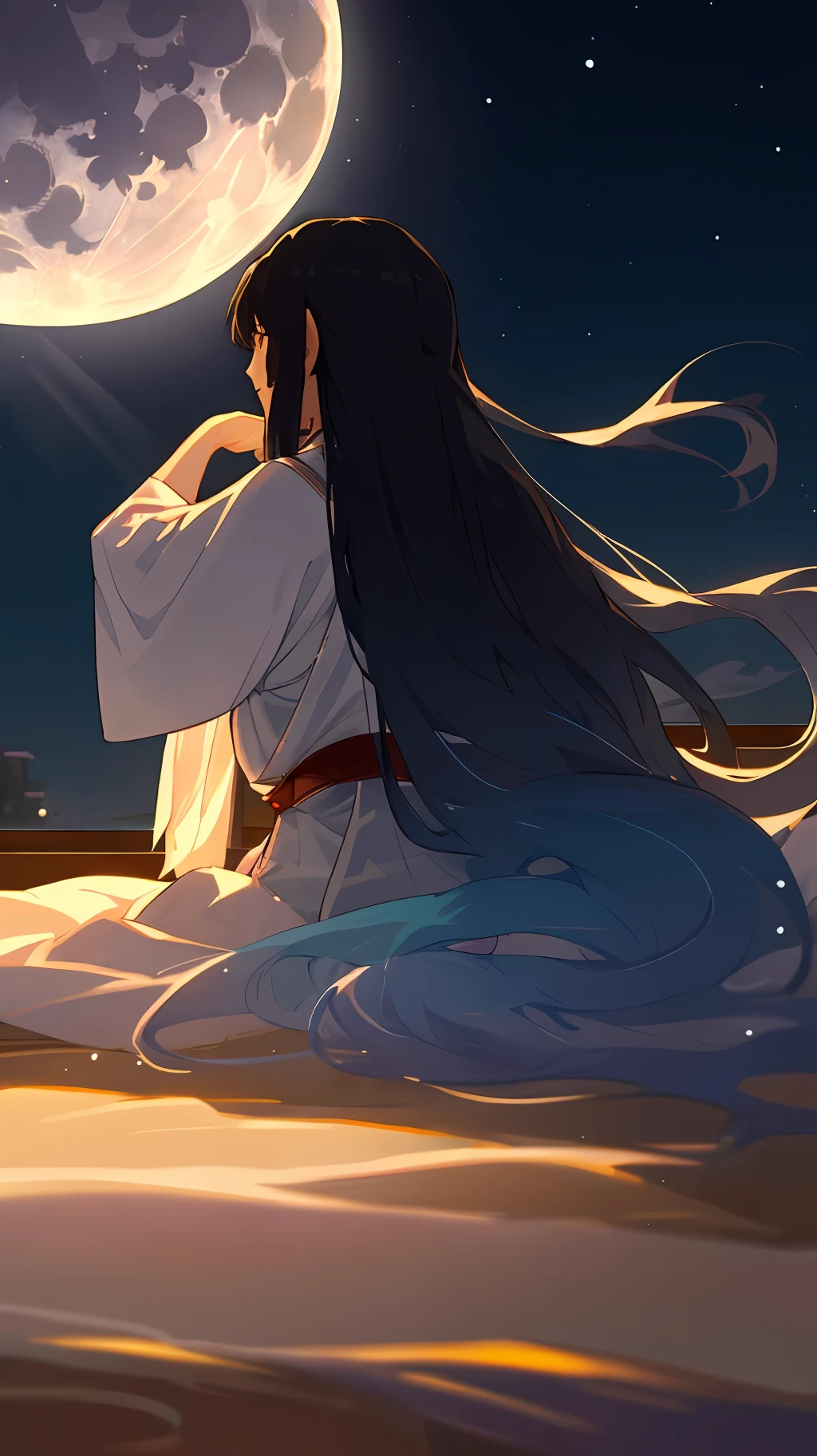 At night, the moonlight shines on the window, Hanfu, long-haired man, raises his head, reveals his back, lies on the window to look at the big moon in the sky, bows his head and ponders,