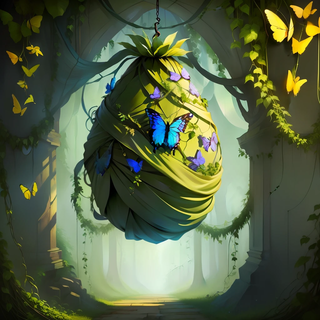 cocoon wrapped around in butterfly wings and vines