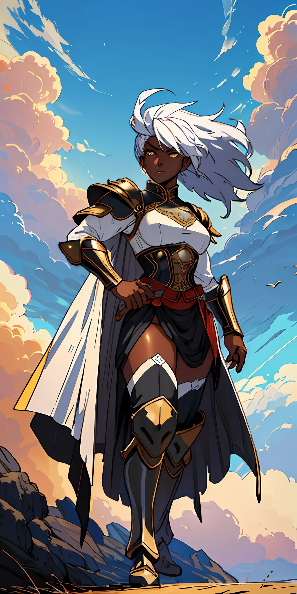 (((black skinned female warrior))), long white hair, golden eyes, dynamic pose, wearing Victorian era armor, ((background: a sky full of clouds))