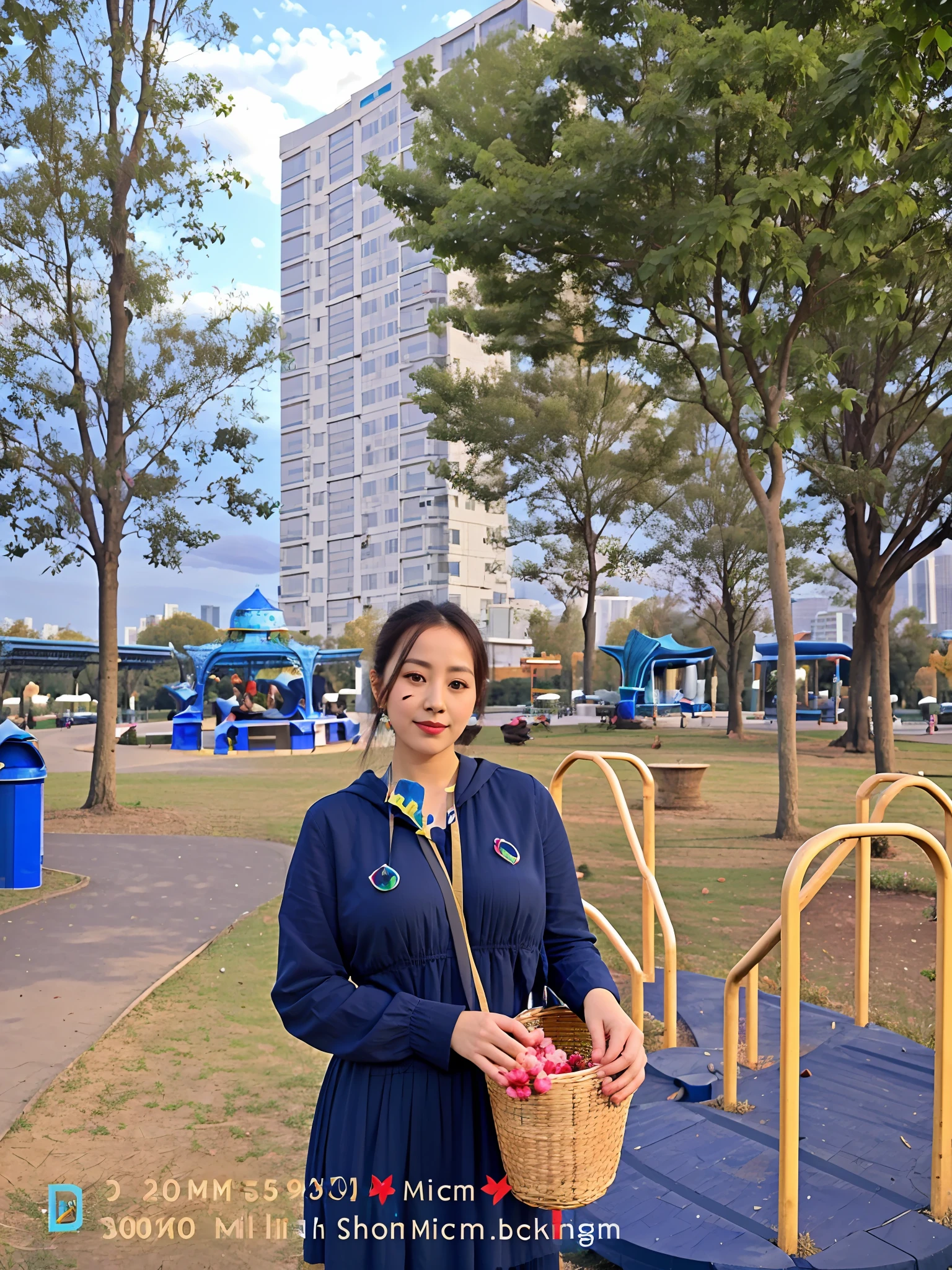 woman in blue dress holding a basket in a park, with a park in the background, park in background, with a park in the back ground, profile image, dilraba dilmurat, sakimichan, very very low quality picture, with glass, 8k 50mm iso 10, 8k selfie photograph, dang my linh