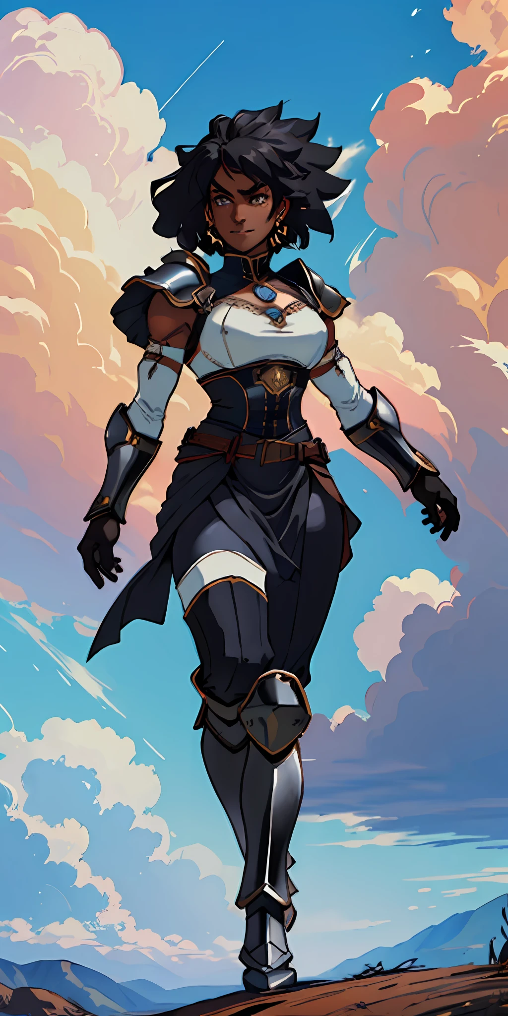 (((black skinned female warrior))), dynamic pose, wearing Victorian era armor, ((background: a sky full of clouds))