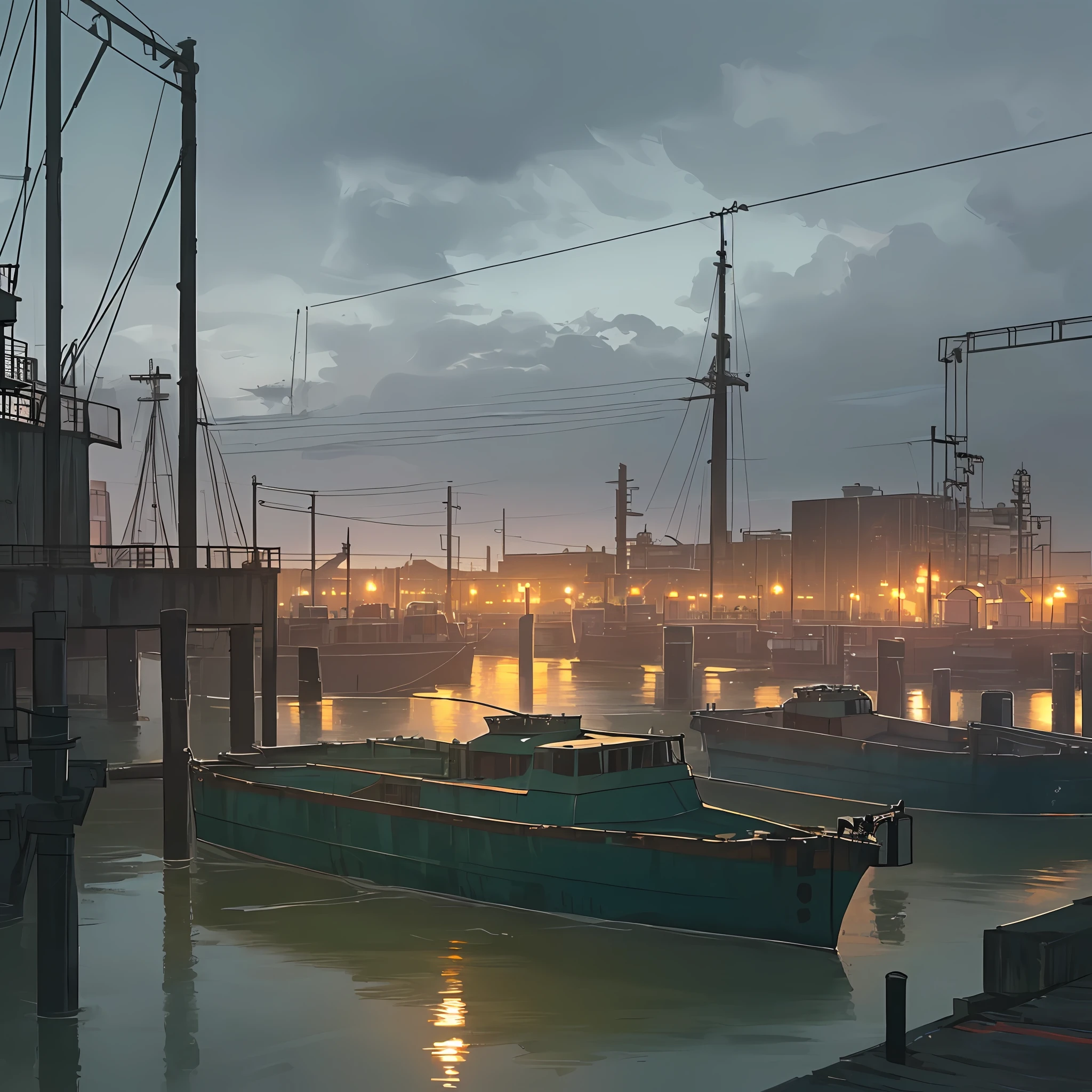 Hyperrealistic and very detailed illustration of an industrial dock, gray and dark cement, distant point of view, several very detailed small boats moored to the dock (color: green and blue off), metallic darsena, industrial warehouse, rusty yellow cranes, dark chains, rusty red, orange and green containers, gray city background, yellow light street lamps, boxes, dark cages, dirt and dirt,  some garbage, sea water reflects the surroundings and light, cloudy day, light smoke all over the picture, some fog, very dark night, detailed sky with many stars, very detailed city background