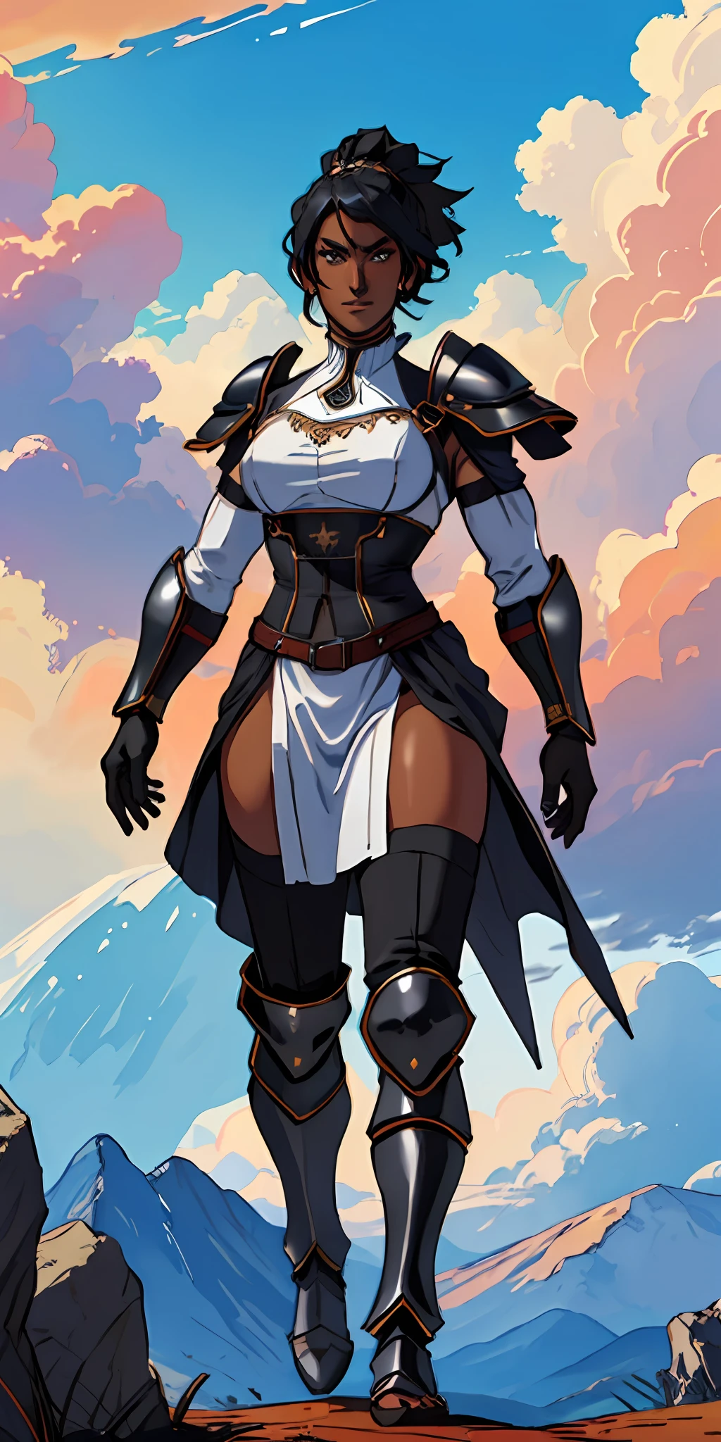 (((black skinned female warrior))), dynamic pose, wearing Victorian era armor, ((background: a sky full of clouds))