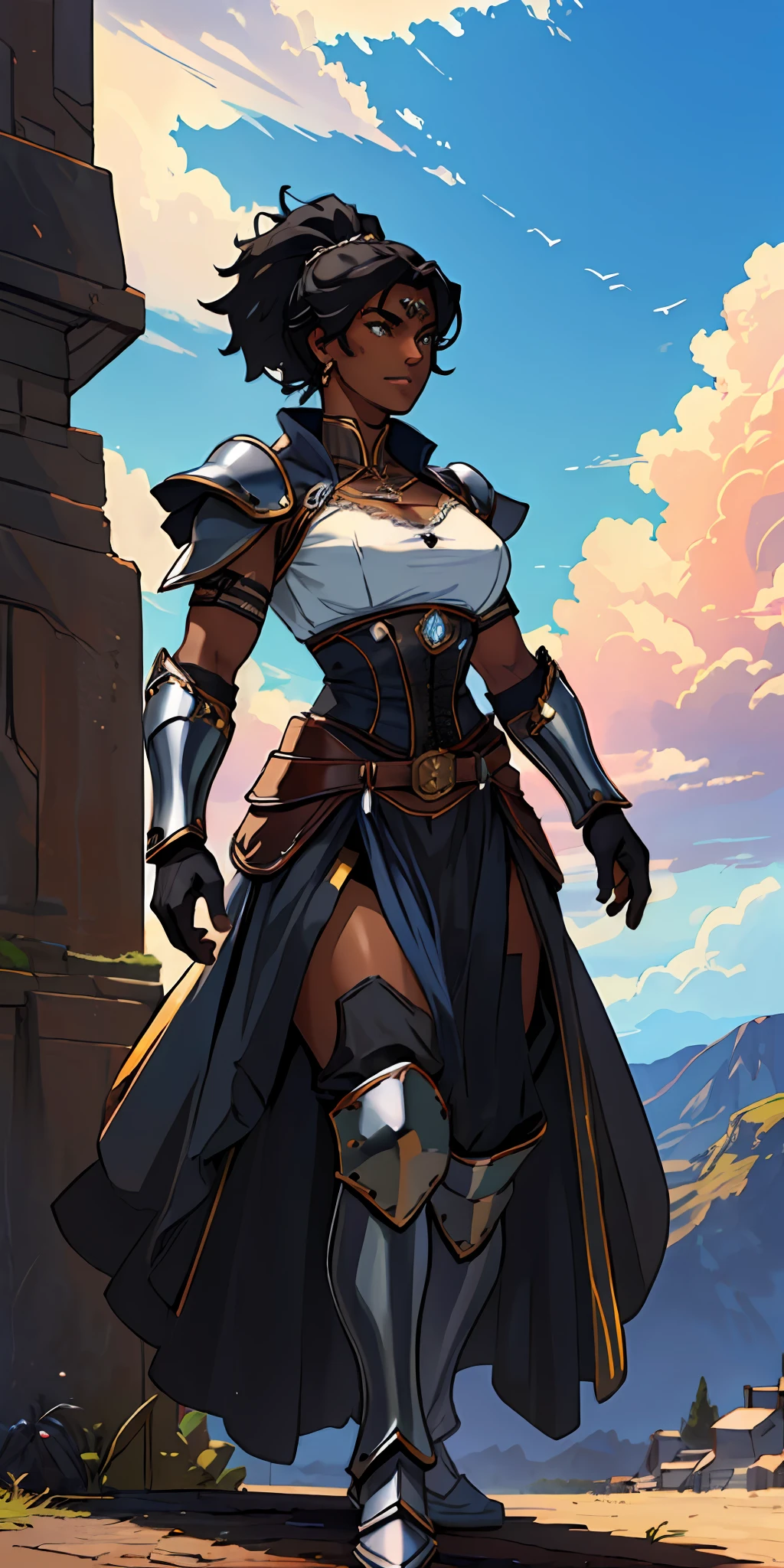 (((black skinned female warrior))), dynamic pose, wearing Victorian era armor, ((background: a sky full of clouds))