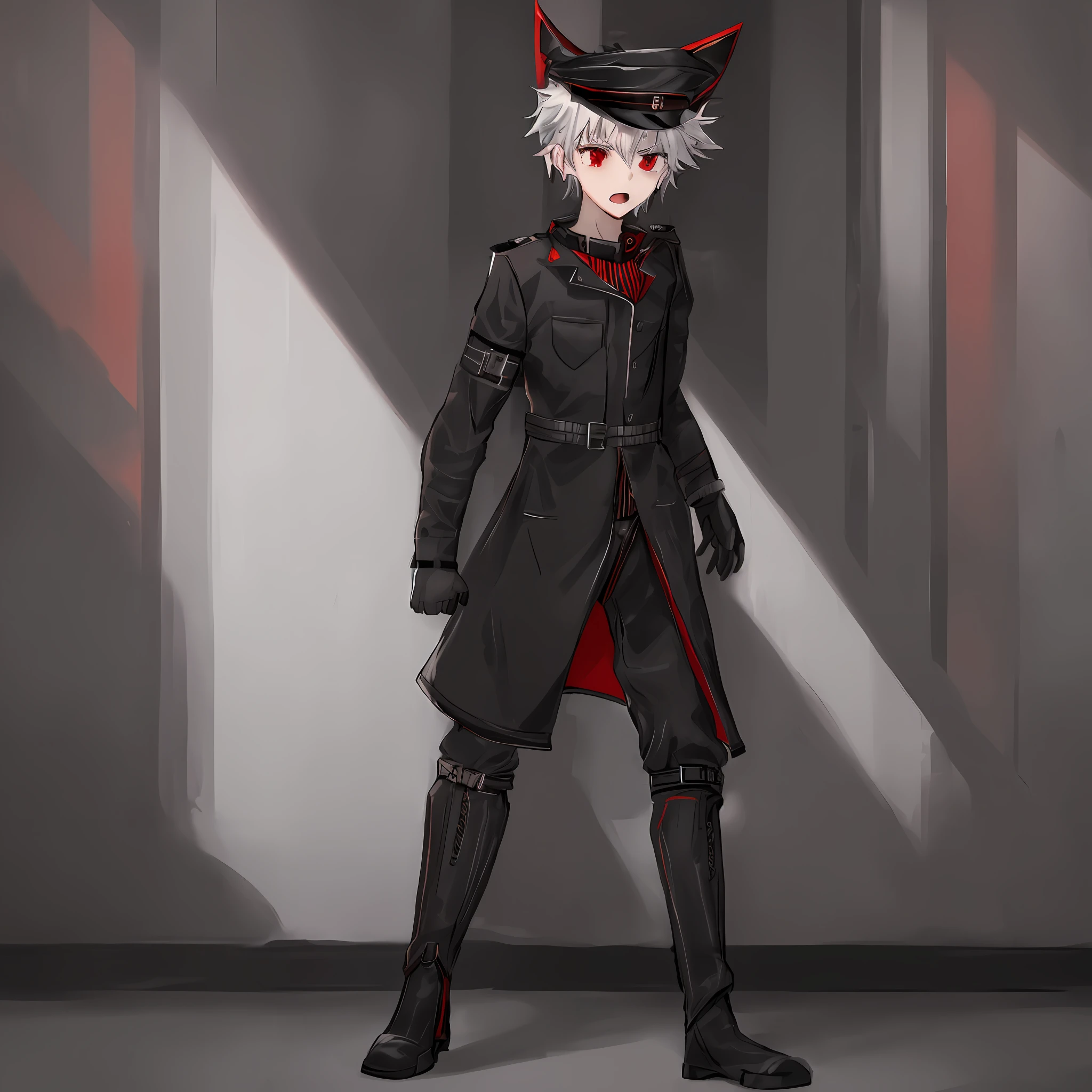 1boy, red eyes, black trench coat, tall black combat boots, gray military sweatpants, white messy hair, black peaked general cap