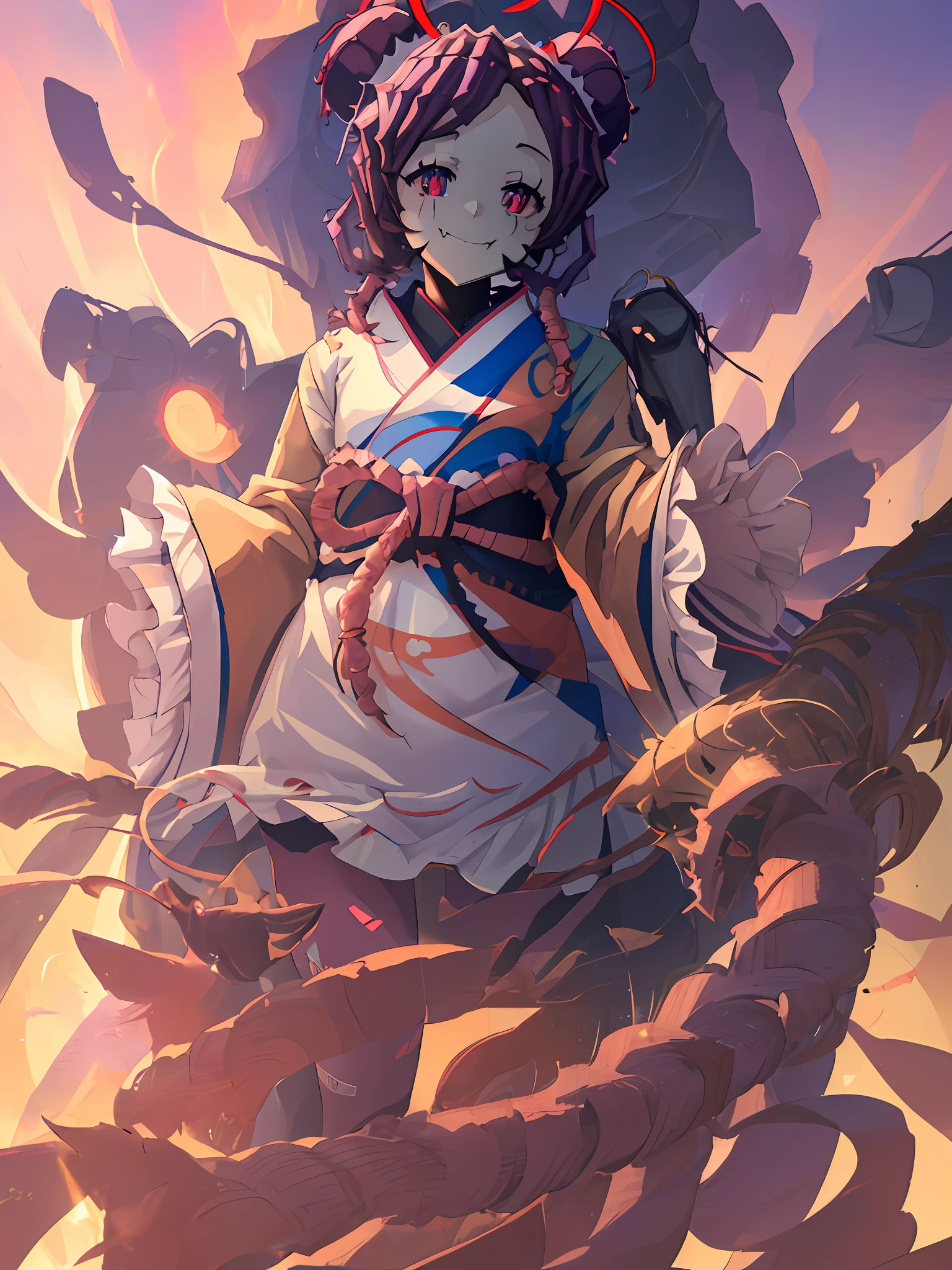 ((masterpiece, illustration, strong outlines, best quality, ultra-detailed)), perfect anatomy, anime character, anime screenshot, 1girl, entoma, overlord entoma, portrait, overlord anime, small breasts, facemask, purple hair, hair buns, insectoid, beautiful, digital art, black kimono, smile, fangs, long sleeves, sleeves past fingers, digital art, trending on ArtStation, featured on Pixiv, character accurate, cute