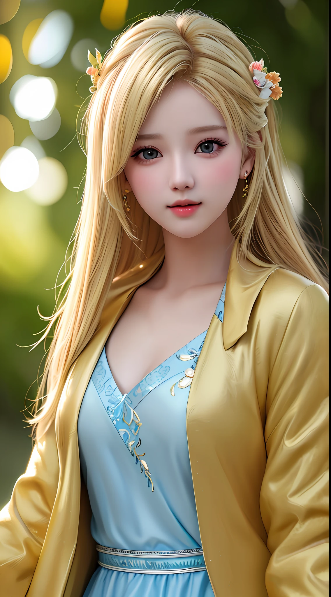 best quality, masterpiece, 1girl, Beautiful face, (blonde hair), (photo realistic:1.3), rim lighting, (high detailed skin:1.2), 8k uhd, dslr, high quality, high resolution, 4k, 8k, Bokeh,  absurdres, best ratio four finger and one thumb, (realistic:1.3), ulzzang, cute kawaii 1girl, wearing blazer,