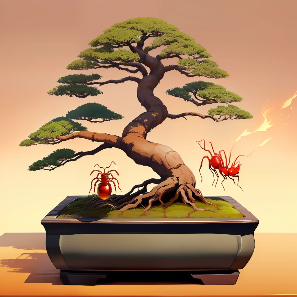 a bonsai tree with fire ants running around under it