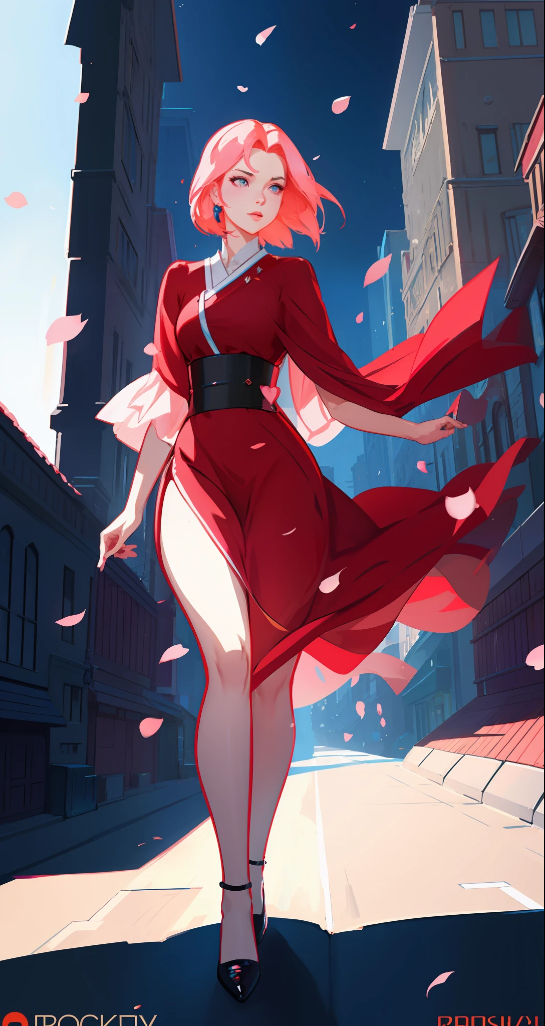 beautiful woman, seductive, ((forehead to show)), standing on a street, beautiful face, attractive, magnificent, sensual eyes, red dress, forehead to show, queen, pink hair, delicate, young, short hair, full body, from League of Legends, trend at Artstation, by Rhods, Andreas Rocha, Rossdraws, Makoto Shinkai, Laurie Greasley, Lois Van Baarle, Ilya Kuvshinov and Greg Rutkowski