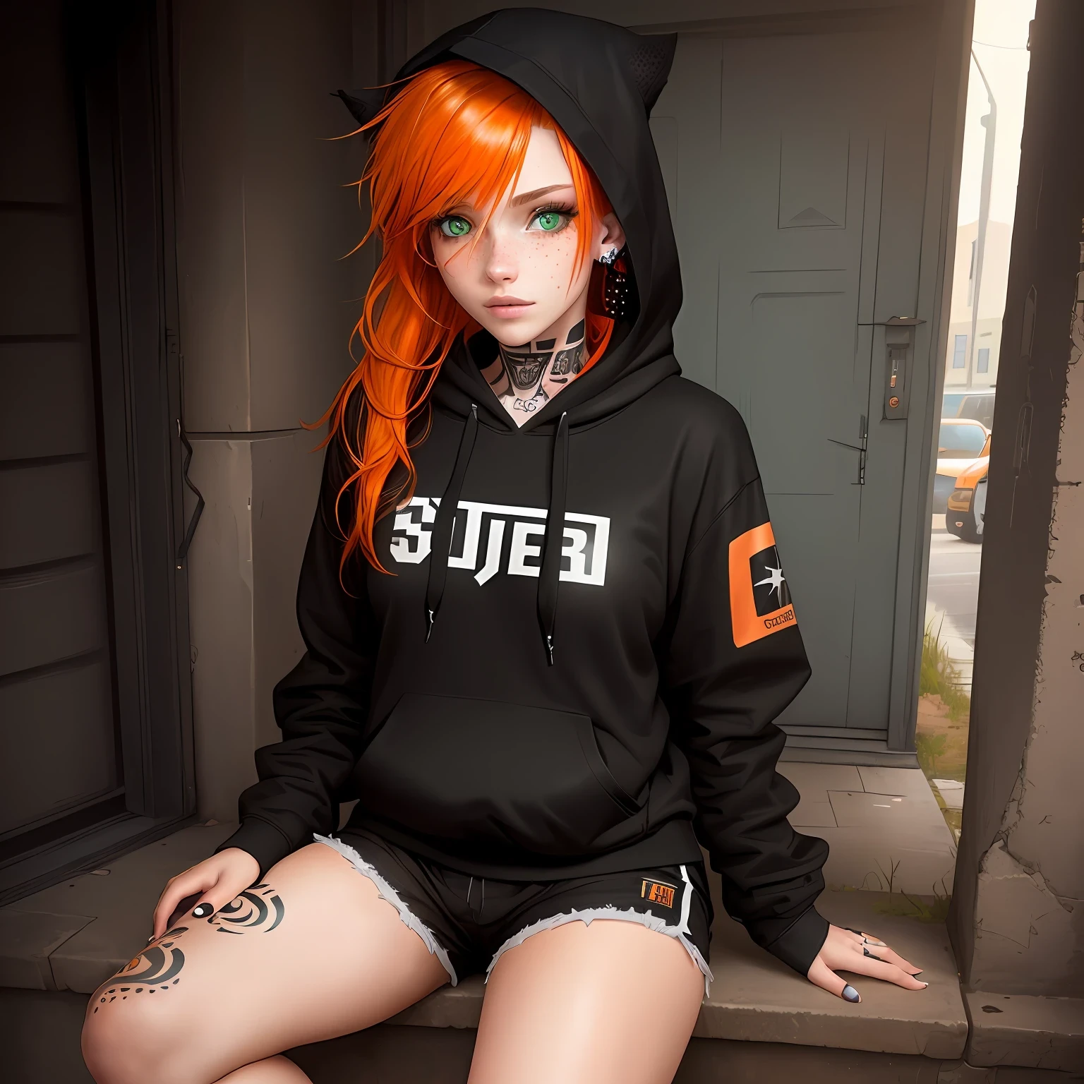 Realistic girl, german, Black gamer hoodie, Black shorts, freckles, Green eyes, Piercings, tattoos, Orange hair, cute, lovely, sweet, falls face