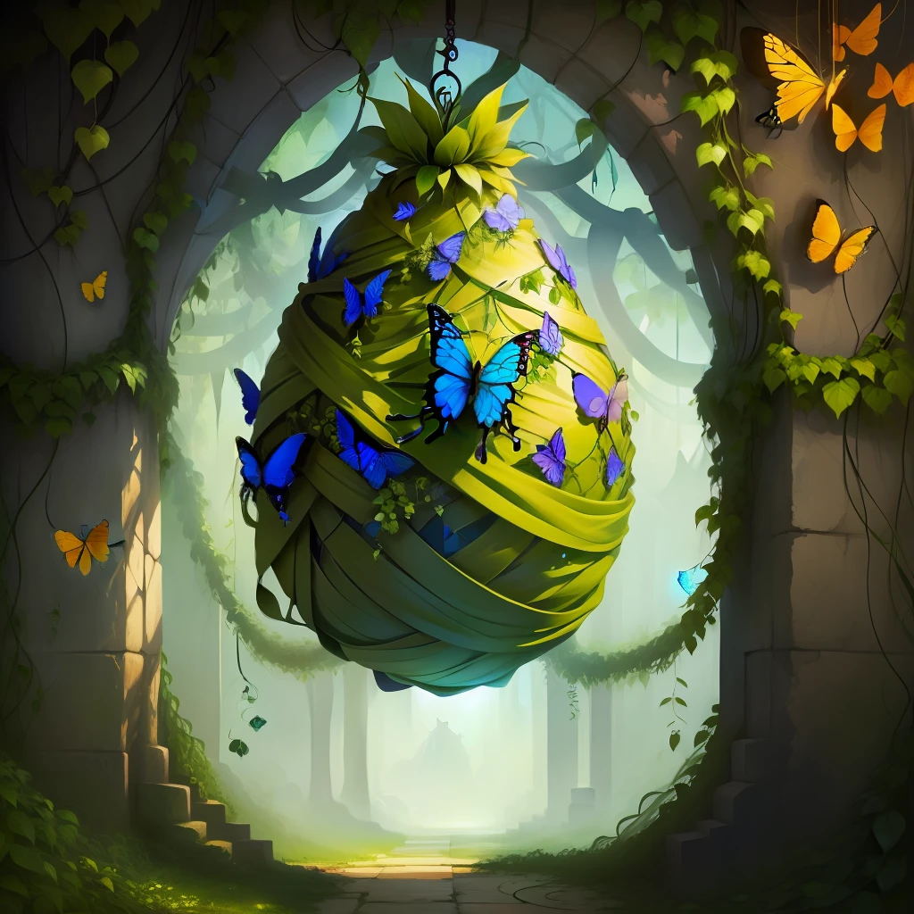 cocoon wrapped around in butterfly wings and vines
