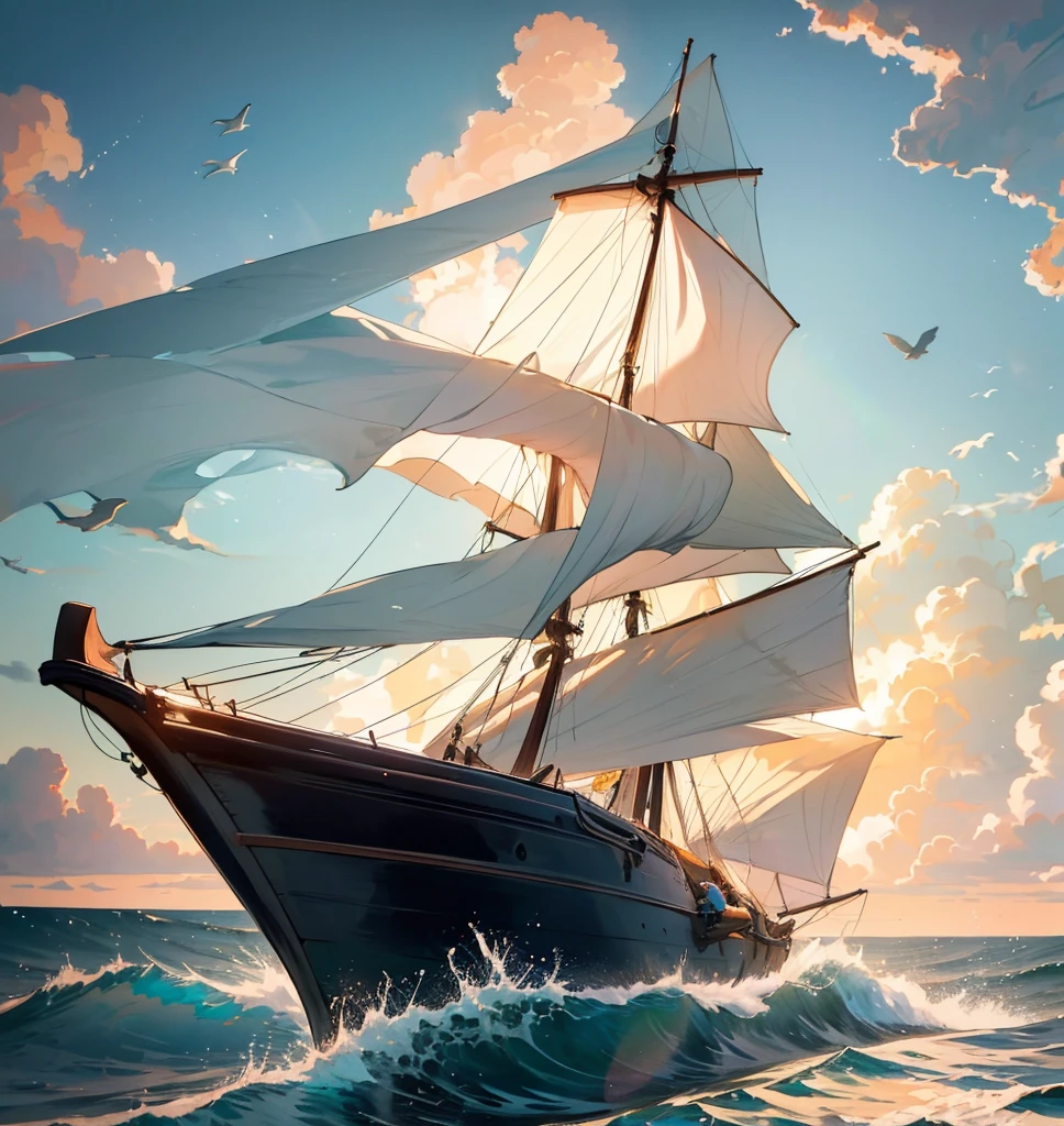 (((8k, RAW photo, Best Quality, Masterpiece: 1.4))), Ultra High Resolution, Ultra Detailed, Illustration, Close Up, Environment Only, (wooden sailing ship), dawn sky behind it, glistening with dew, waves crash, birds soar above, dolphins swim alongside, imagination, outdoors, particle effects, sea serpent rises out of ocean in background