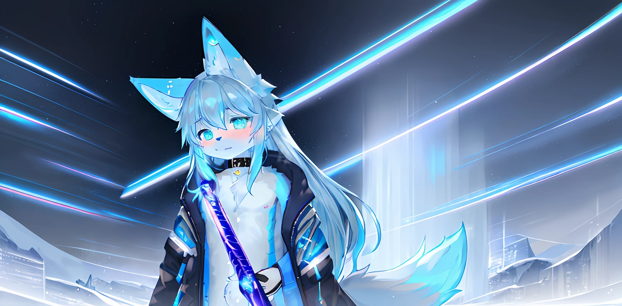 shota, long hair, space eye, glow eye, femboy, neon city, snowfall, midnight, fox ear, deep blue ear, fox tail, deep blue fox, deep blue jacket, cute, collar, Two tail, space katana, God of the space , fur body, full body, the lower body is naked, snow fox, character, master piece, fluffy tail, current, shy, NFSW, Highest Quality, 8k, full HD, four ear fox, winter, own character, nude, soul fox blue, nsfw, light blue hair, blurring, 10 years, 淫紋 pink