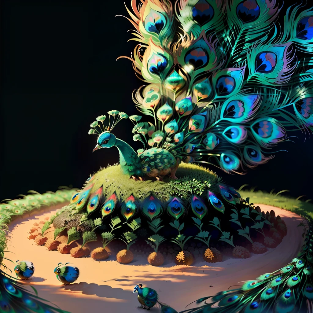 anthill surrounded and covered by peacock tails