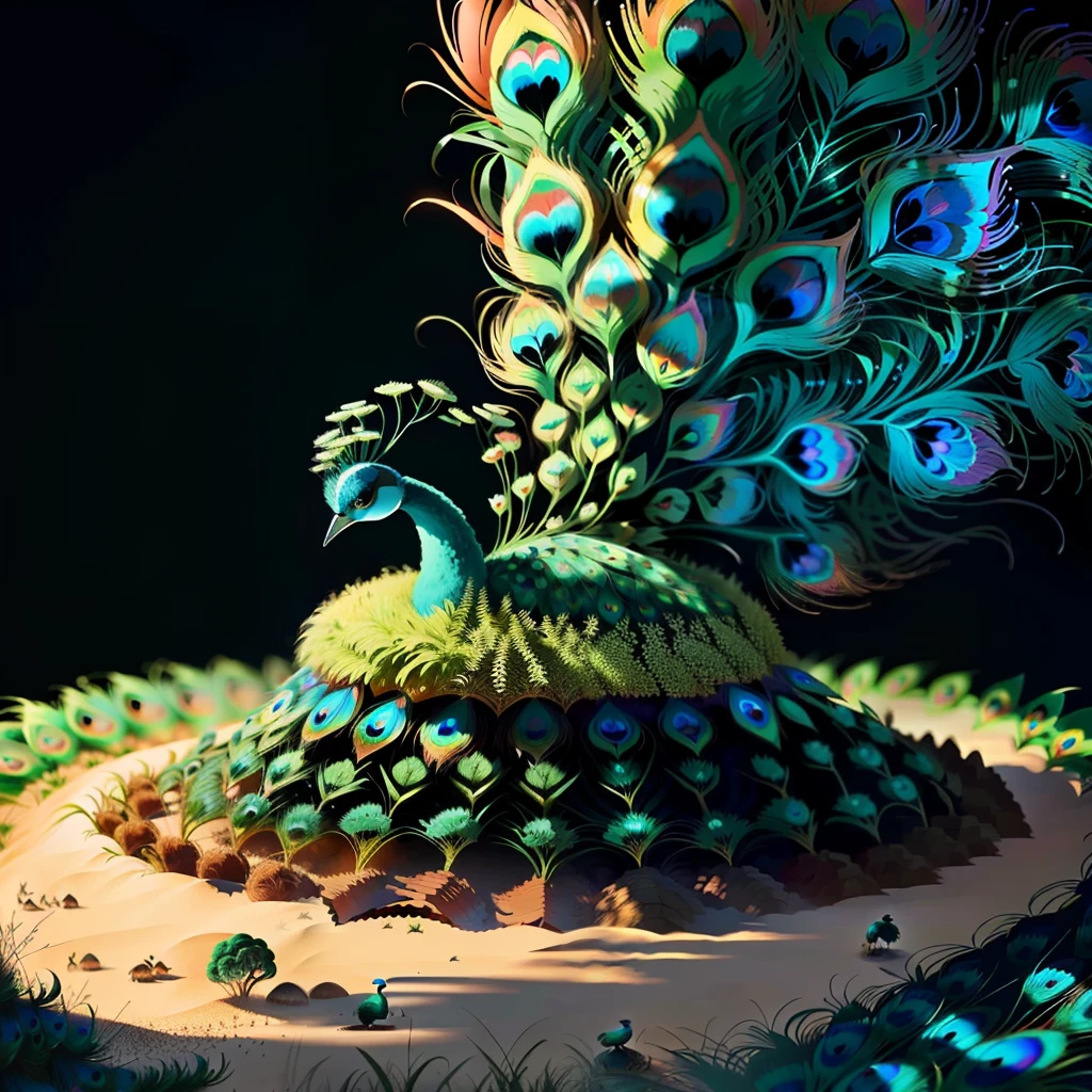 anthill surrounded and covered by peacock tails