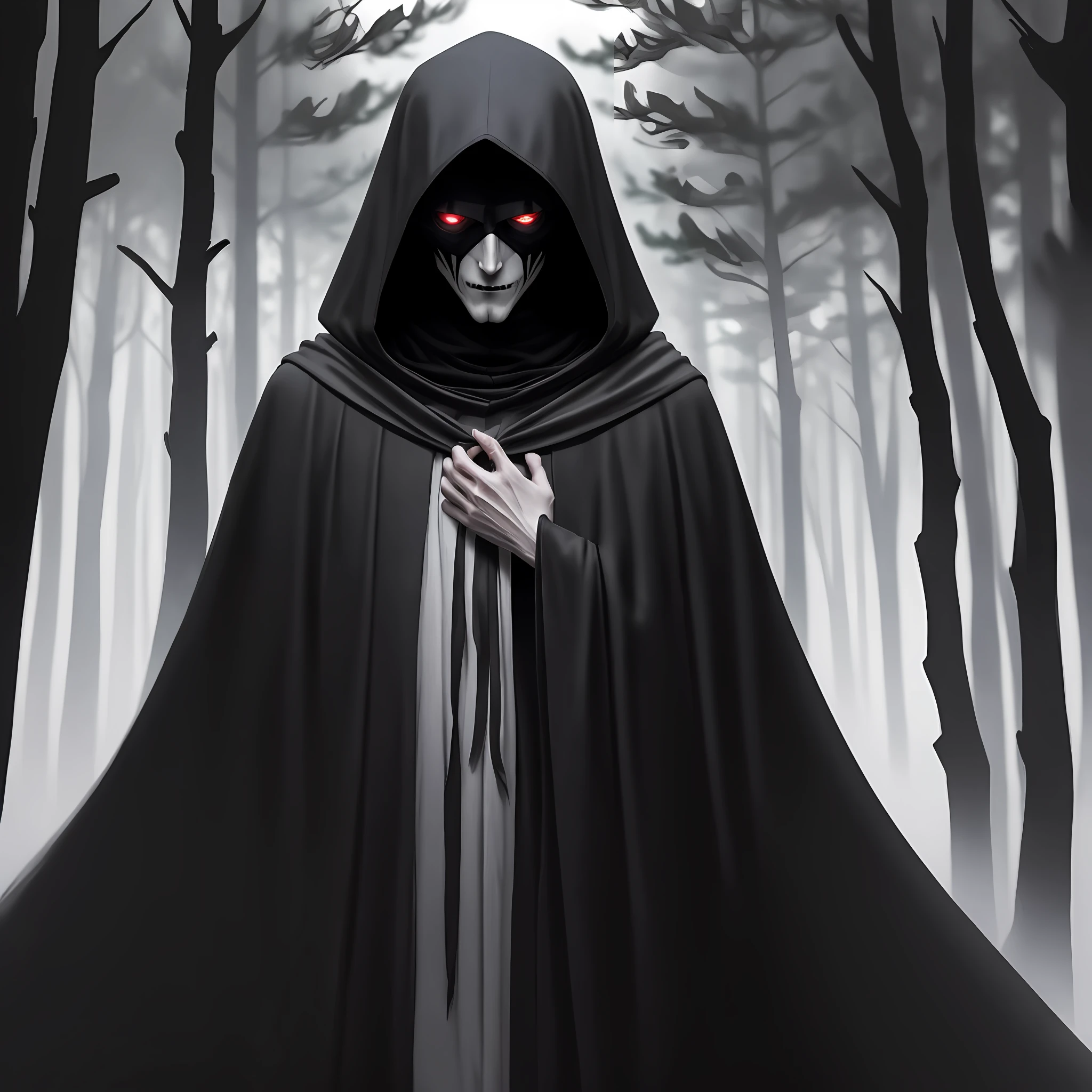 Thin demon man with black cloak without showing his face in the middle of the forest