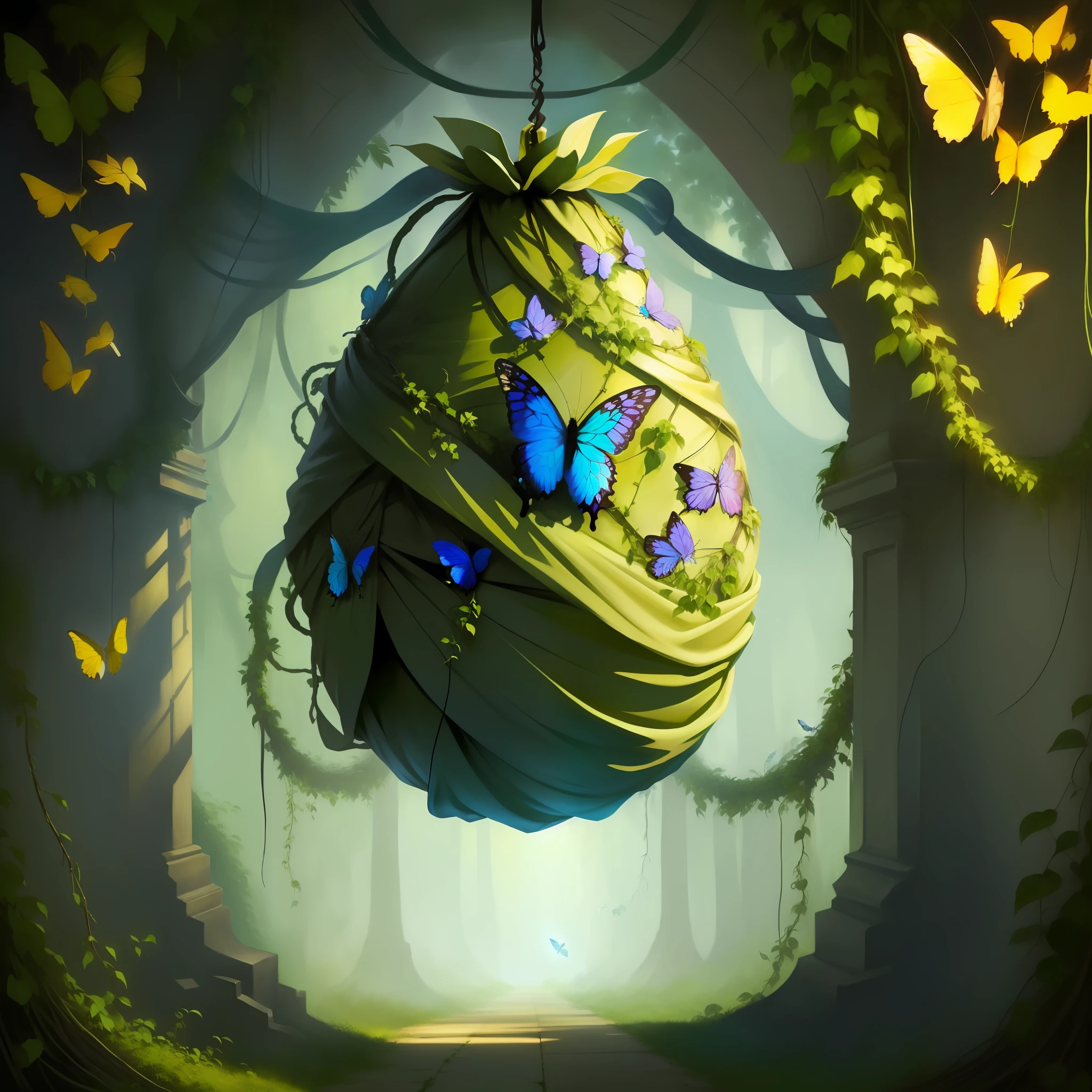 cocoon wrapped around in butterfly wings and vines