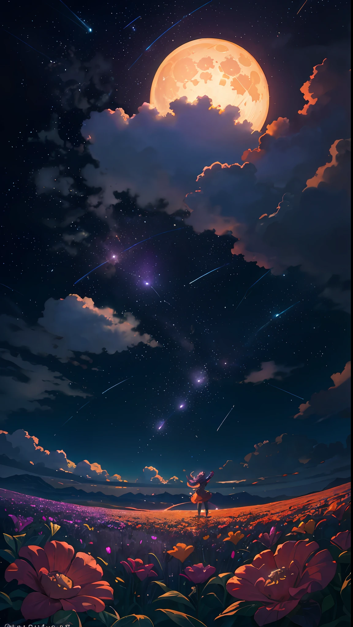 Vast landscape photo, (viewed from below, the sky is above and the open field is below), a girl standing on a flower field looking up, (full moon: 1.2), (meteor: 0.9), (nebula: 1.3), distant mountains , Trees BREAK Crafting Art, (Warm Light: 1.2), (Fireflies: 1.2), Lights, Lots of Purple and Orange, Intricate Details, Volumetric Lighting, Realism BREAK (Masterpiece: 1.2), (Best Quality), 4k, Ultra-Detailed, (Dynamic Composition: 1.4), Very Detailed, Colorful Details, (Rainbow Colors: 1.2), (Glow Lighting, Atmospheric Lighting), Dreamy, Magical, (Solo: 1.2)