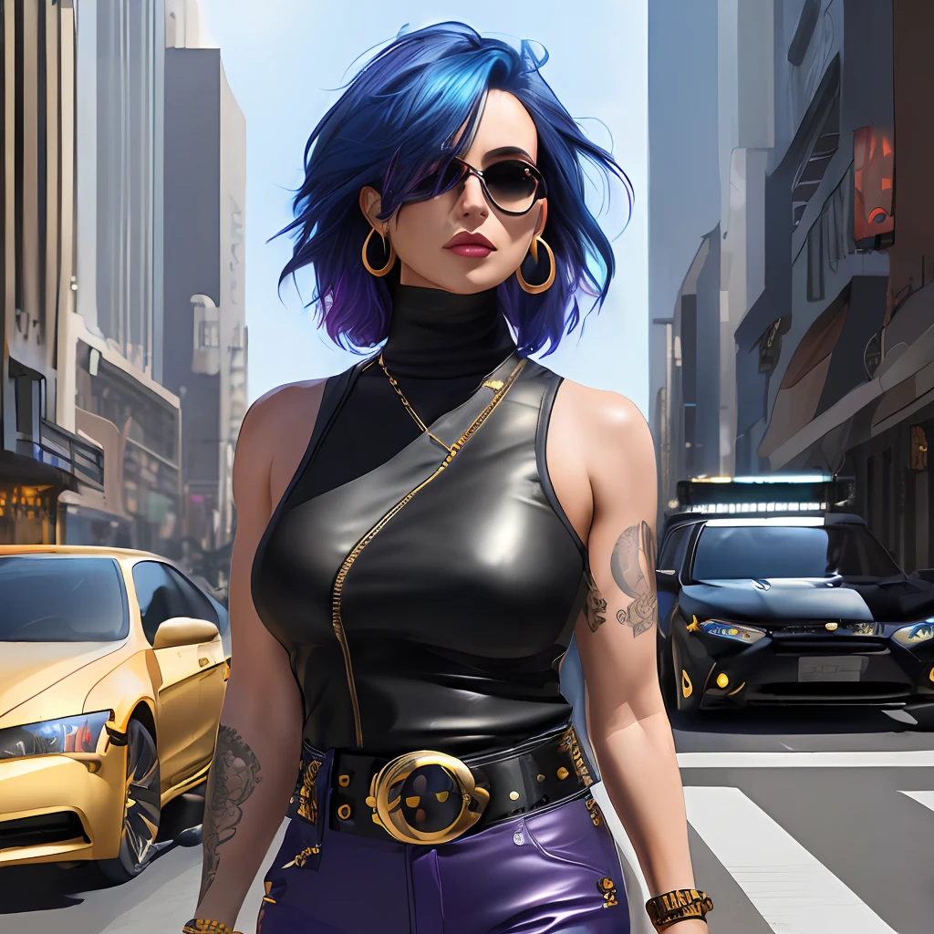 1 beautiful woman, mature, blue hair, black eye, looking at the viewer, ((hair over one eye)), medium hair, seductive face, colorful shirt, leather jacket lined with purple skin, dark long pants, (sleeveless top with turtleneck), black top, gold earring, belt, cyberpunk, walking around the city, cars in the background, person in the background, ((((bright lighting,  Realistic Master, Ultra Detailed Eyes, Ultra Detailed, Realistic Best Quality, 16K)))