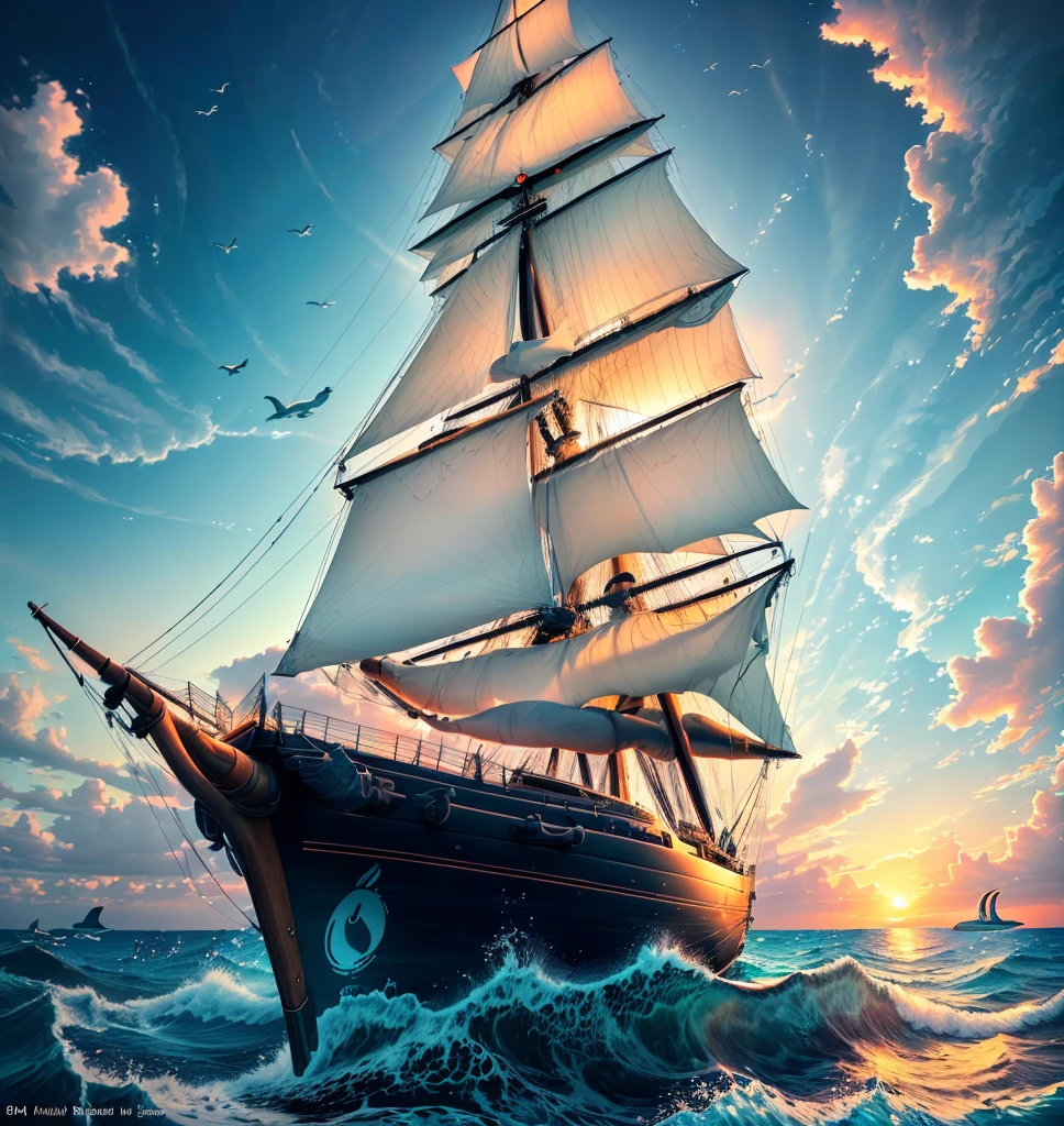 (((8k, RAW photo, Best Quality, Masterpiece: 1.4))), Ultra High Resolution, Ultra Detailed, Illustration, Close Up, Environment Only, (wooden sailing ship), dawn sky behind it, glistening with dew, waves crash, birds soar above, dolphins swim alongside, imagination, outdoors, particle effects, sea serpent rises out of ocean in background