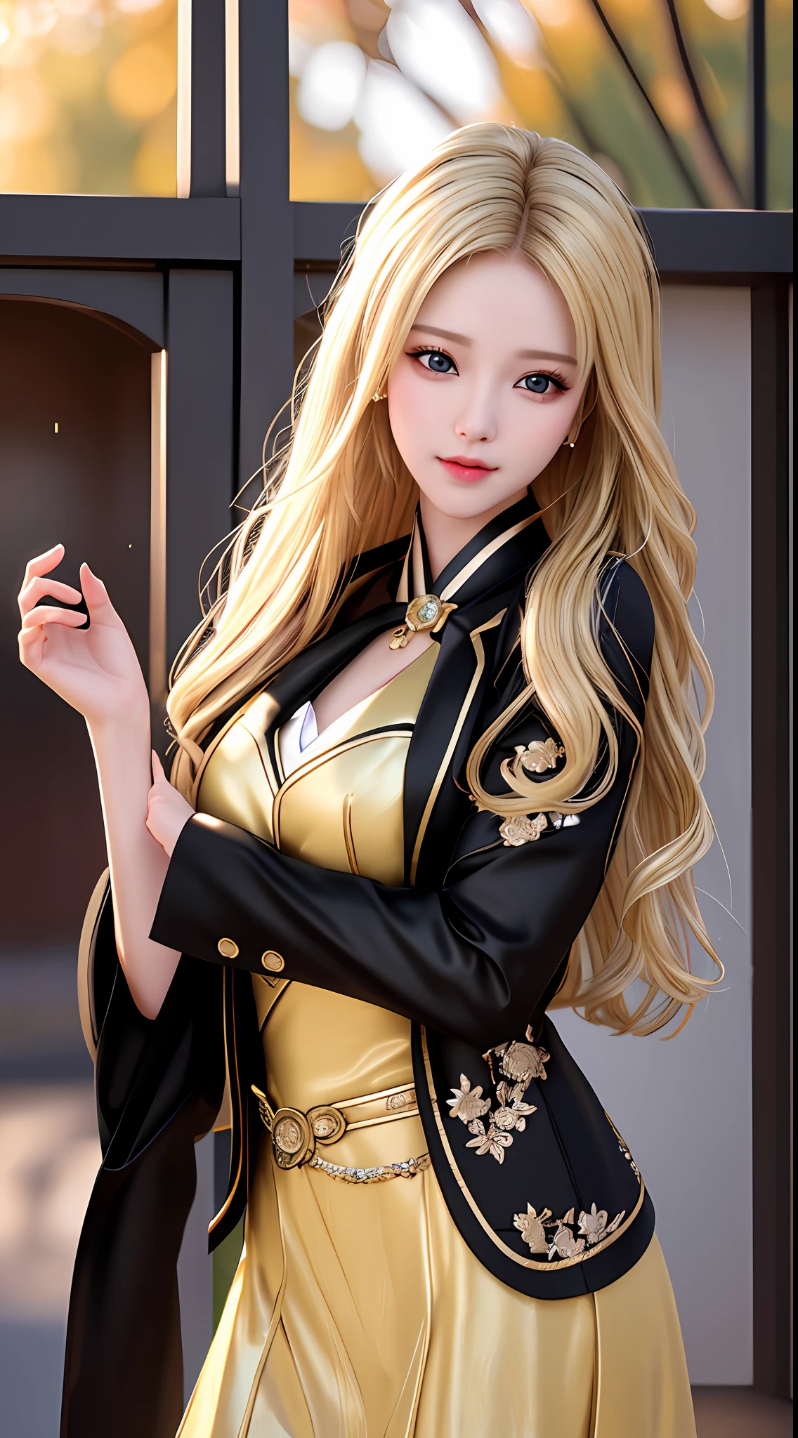 best quality, masterpiece, 1girl, Beautiful face, (blonde hair), (photo realistic:1.3), rim lighting, (high detailed skin:1.2), 8k uhd, dslr, high quality, high resolution, 4k, 8k, Bokeh,  absurdres, best ratio four finger and one thumb, (realistic:1.3), ulzzang, cute kawaii 1girl, wearing black formal blazer,