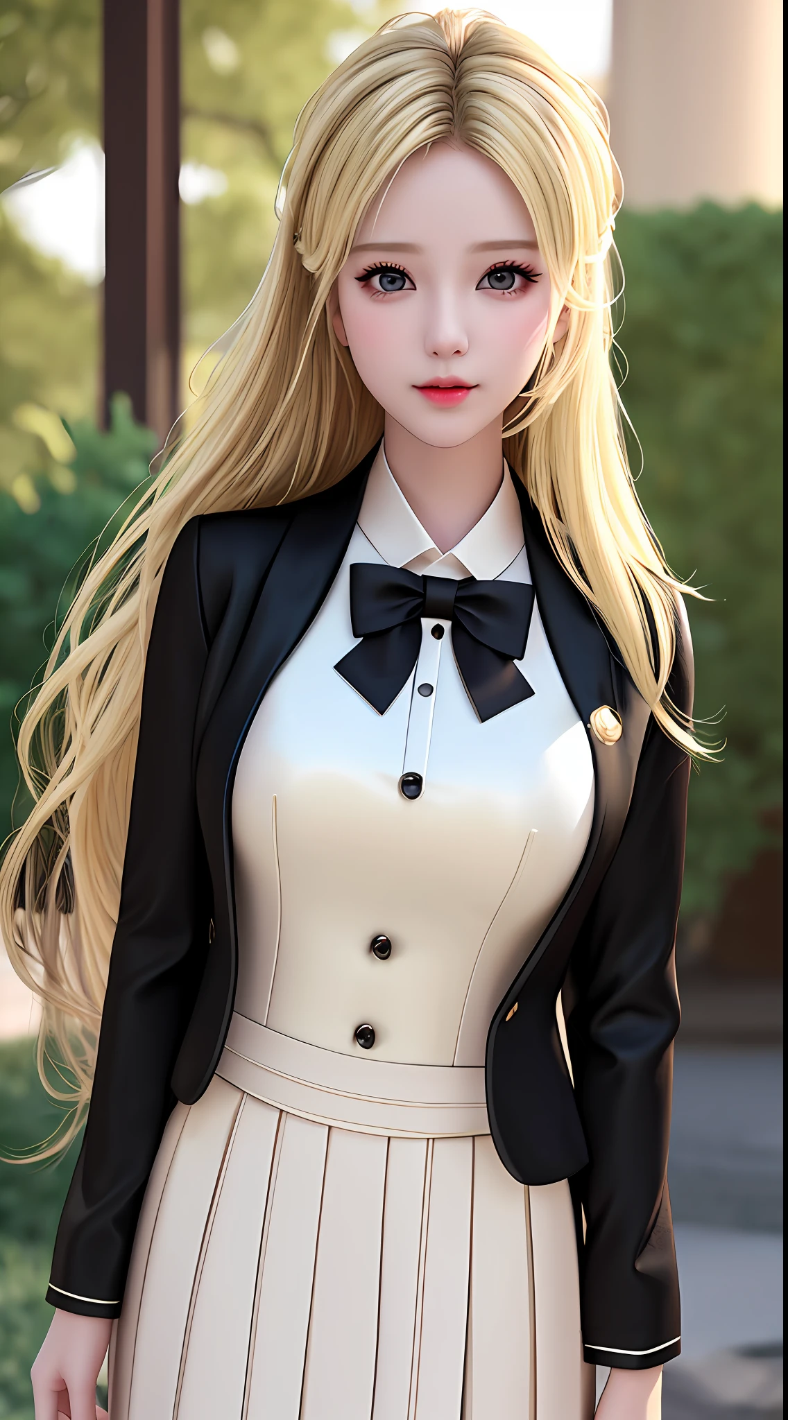 best quality, masterpiece, 1girl, Beautiful face, (blonde hair), (photo realistic:1.3), rim lighting, (high detailed skin:1.2), 8k uhd, dslr, high quality, high resolution, 4k, 8k, Bokeh, absurdres, best ratio four finger and one thumb, (realistic:1.3), ulzzang, cute kawaii 1girl, wearing black formal blazer,