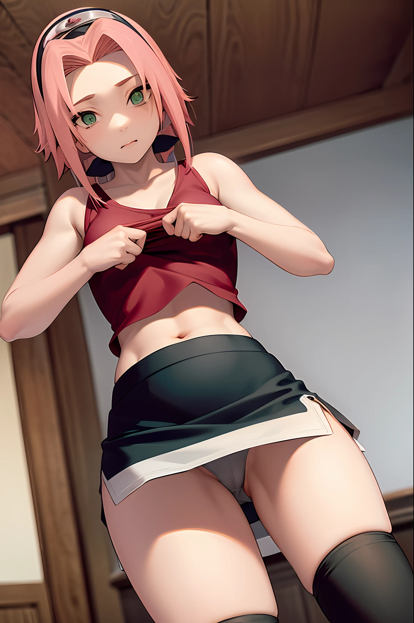 masterpiece, best quality, 1girl, Sakura Haruno, small breasts, toned, looking at the viewer, school uniform, lifting shirt, thigh socks, midriff, in bed, sun, mini skirt raised, no panties (green eyes: 0.6)