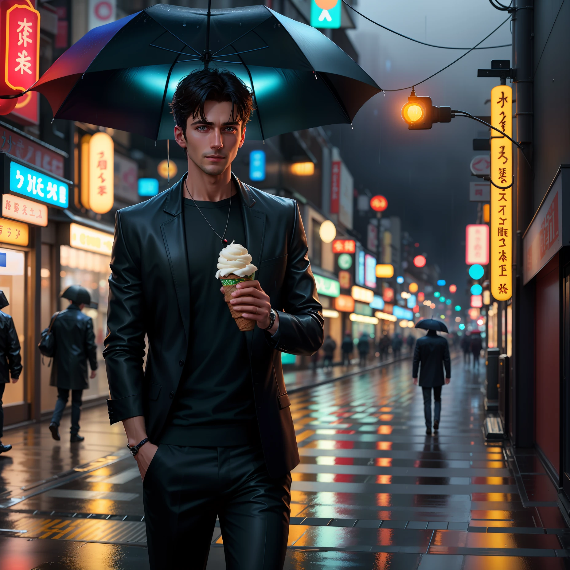 photorealistic scene, close up of a man in black clothes holding an ice cream, on a rainy street with neon lights in a Japanese city at night