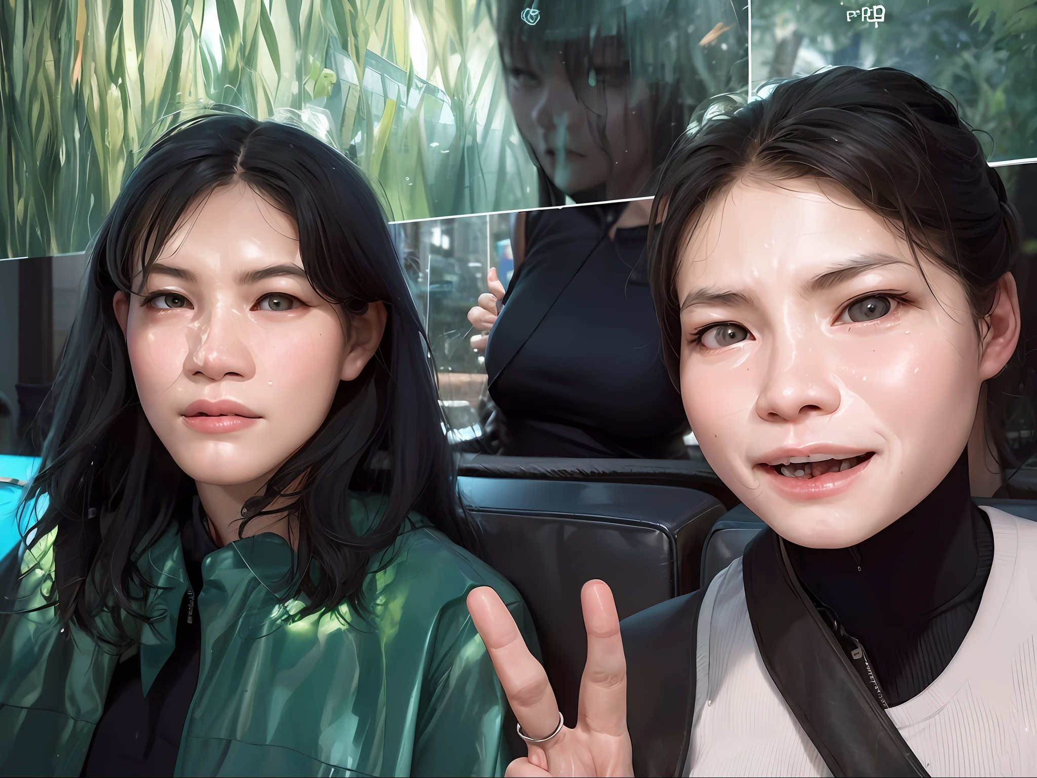 there are two women sitting at a table with a plate of food, ruan jia and brom, with wet faces!!, with a twin, selfie photo, distorted photo, with wart, they are very serious, ruan jia and mandy jurgens, with her long, selfie, annoying sister vibes, long chin, snapchat photo, foto