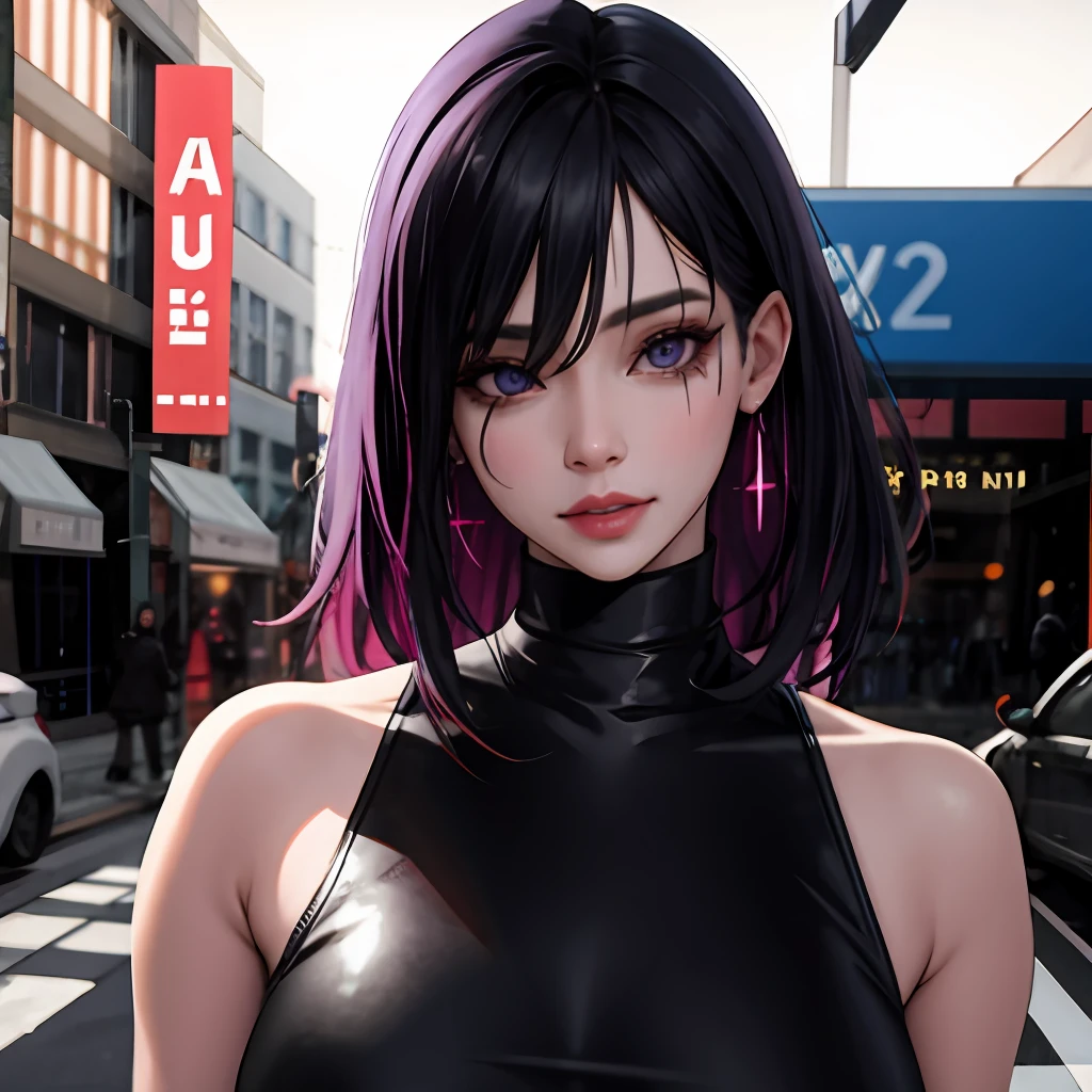 (((pov))), 1 beautiful, mature woman, blue hair, black eye, looking at the viewer, (((hair over one eye)), medium hair, seductive face, colorful shirt, leather jacket lined with purple skin, dark long pants, (sleeveless top with turtleneck), black top, gold earring, belt, cyberpunk, walking around town, cars in the background, person in the background, ((((bright lighting,  Realistic Master, Ultra Detailed Eyes, Ultra Detailed, Realistic Best Quality, 16K)))