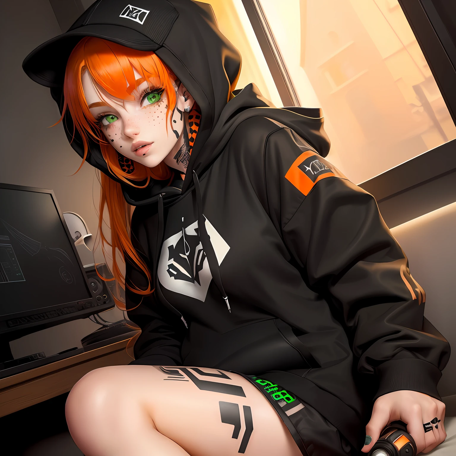 Real girl, german, Black gamer hoodie, Black shorts, freckles, Green eyes, Piercings, tattoos, Orange hair, cute, lovely, sweet, realistic