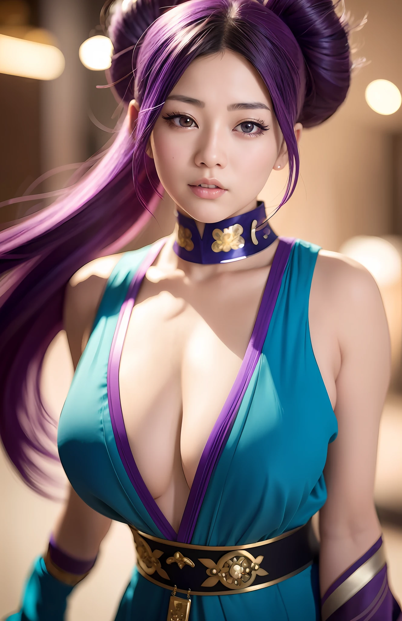 arafed asian woman with purple hair and blue eyes posing for a picture, japanese goddess, 8k artgerm bokeh, artwork in the style of guweiz, soft portrait shot 8 k, beautiful asian girl, hyper realistic anime, seductive anime girl, asian hyperdetailed, photorealistic anime girl render, beautiful detailed body and face, anime girl in real life