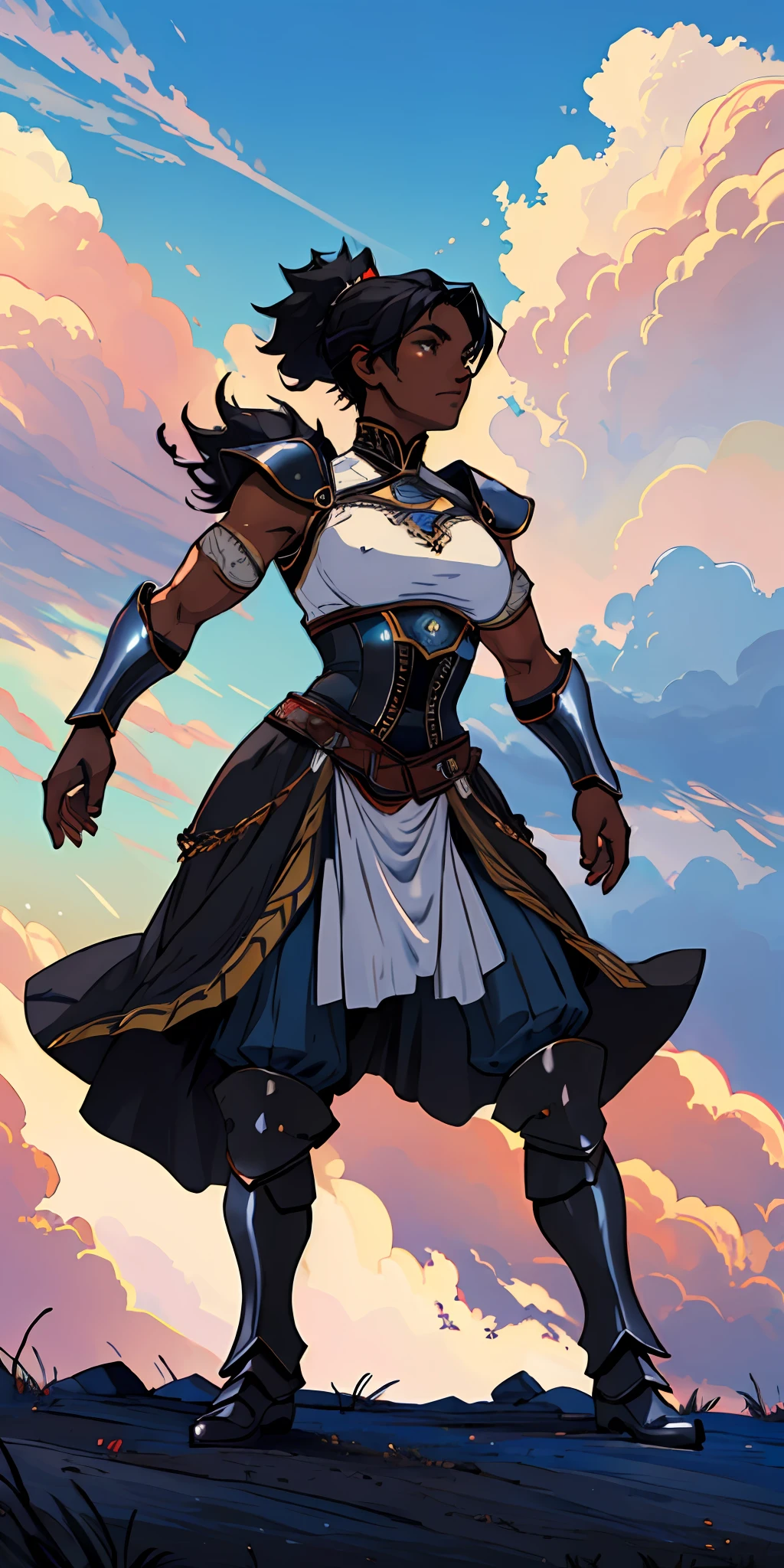 (((black skinned female warrior))), dynamic pose, wearing Victorian era armor, ((background: a sky full of clouds))