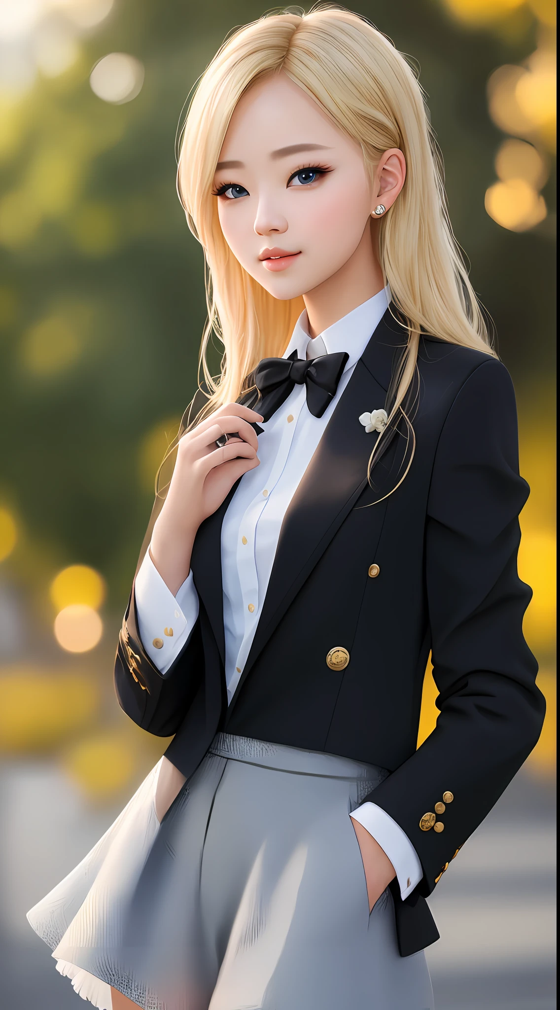 best quality, masterpiece, 1girl, Beautiful face, (blonde hair), (photo realistic:1.3), rim lighting, (high detailed skin:1.2), 8k uhd, dslr, high quality, high resolution, 4k, 8k, Bokeh, absurdres, best ratio four finger and one thumb, (realistic:1.3), ulzzang, cute kawaii 1girl, wearing black formal blazer,