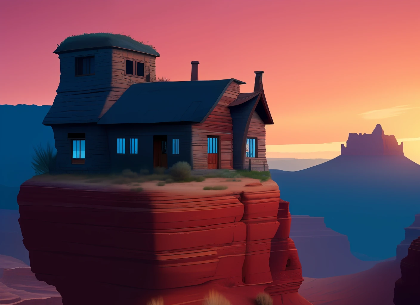 lone ranger house on edge of a red canyon mountain, artistic, aesthetic, fantasy