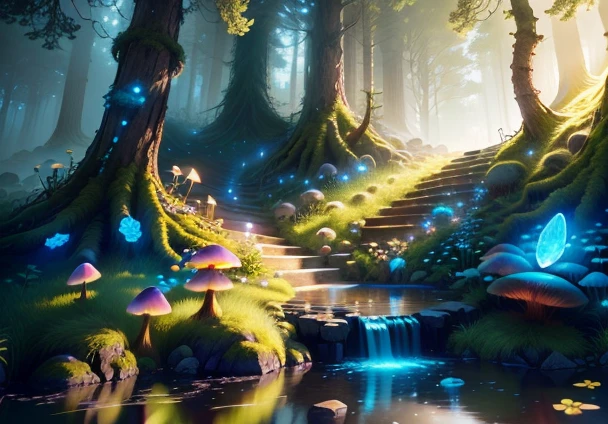 masterpiece, best quality, high quality,extremely detailed CG unity 8k wallpaper, An enchanting and dreamy scene of a fantasy forest, with towering trees, glowing mushrooms, and hidden fairy glens, creating a sense of mystique and enchantment, artstation, digital illustration, intricate, trending, pastel colors, oil paiting, award winning photography, Bokeh, Depth of Field, HDR, bloom, Chromatic Aberration ,Photorealistic,extremely detailed, trending on artstation, trending on CGsociety, Intricate, High Detail, dramatic, art by midjourney