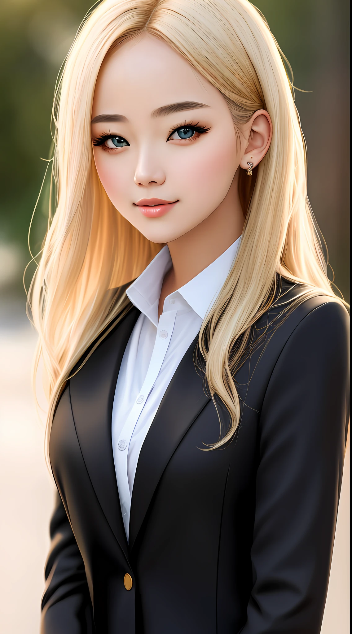 best quality, masterpiece, 1girl, Beautiful face, (blonde hair), (photo realistic:1.3), rim lighting, (high detailed skin:1.2), 8k uhd, dslr, high quality, high resolution, 4k, 8k, Bokeh,  absurdres, best ratio four finger and one thumb, (realistic:1.3), ulzzang, cute kawaii 1girl, wearing black formal blazer, medium breasts,